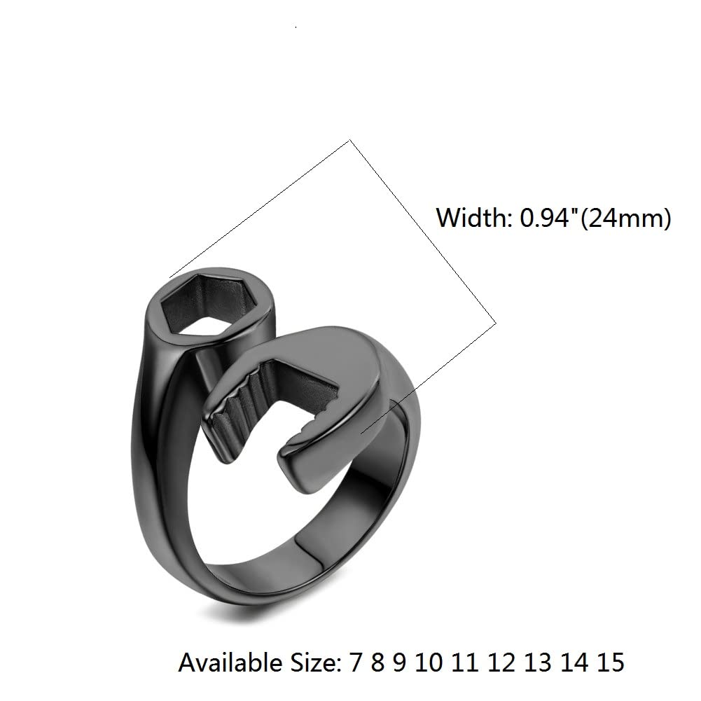 Men's Biker Mechanic Wrench Tool Ring - Stainless Steel Jewelry Gift for Motorcycle Riders - Black Polished Band - Perfect for Biker Gangs, Motorcycle Clubs & Gearhead Gifts