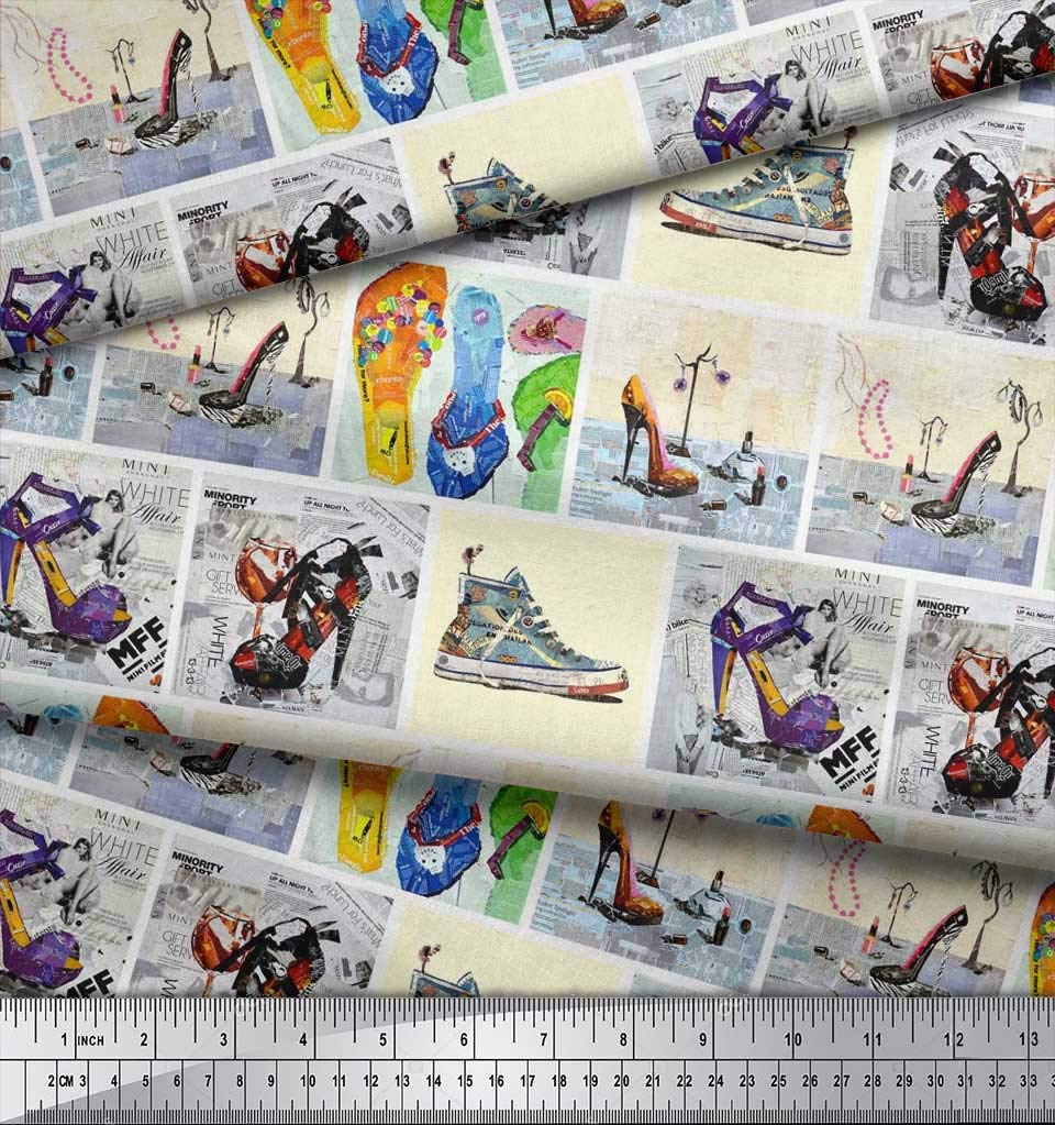 Soimoi Rayon Yellow Fabric by The Yard - 42 Inch Wide Printed Fabric for DIY Slippers, Shoes & High Heels - Fashionable Footwear-Inspired Patchwork Glam - Perfect for Sewing Projects, Costume Design, and Home Decor