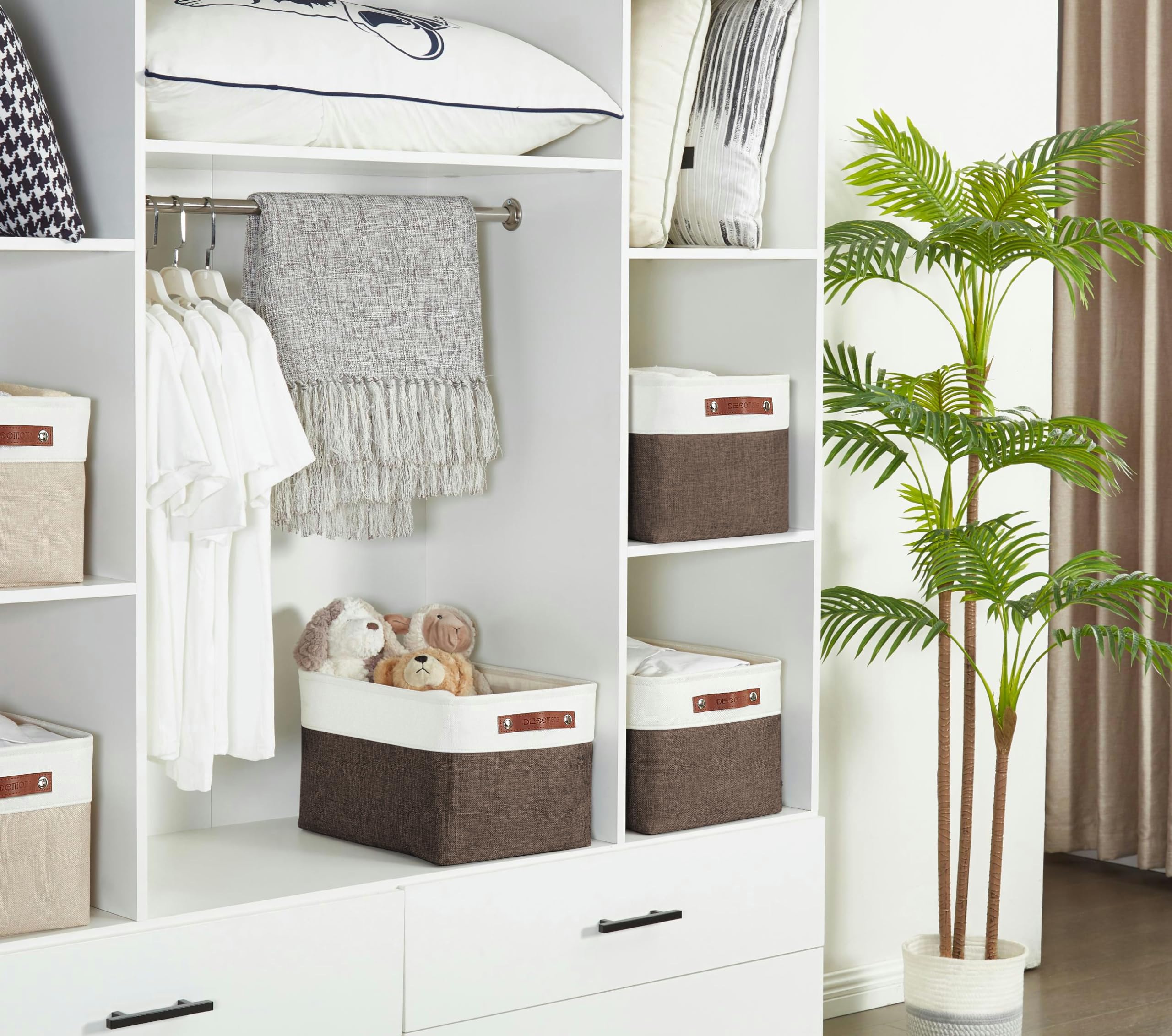 DECOMOMO Fabric Storage Bins - 3 Pack XL Woven Baskets for Shelves, Closet & Toy Organization | Linen, Nursery & Home Decor (Brown & White) - Perfect for Bedroom, Playroom & Pantry Storage