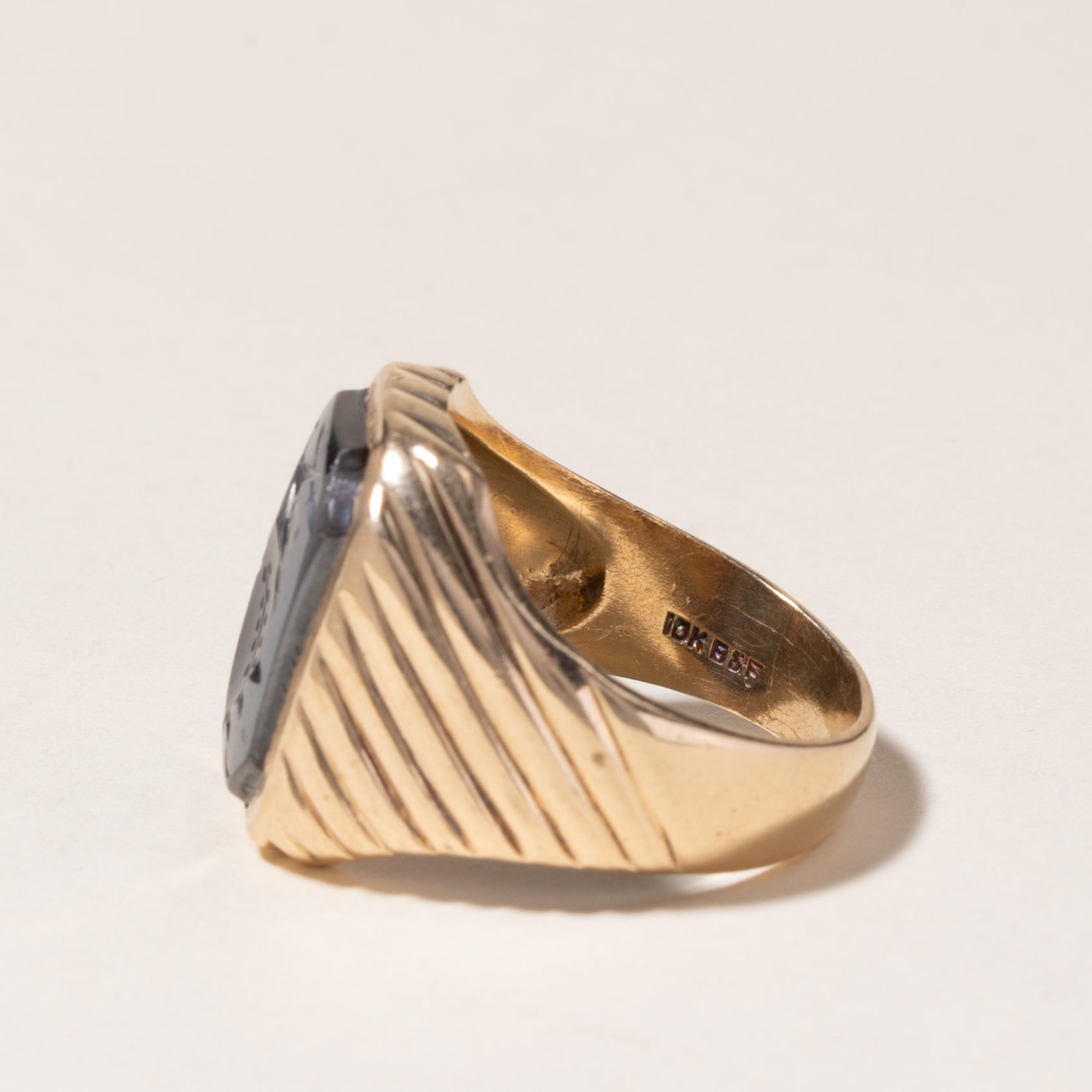 10K Yellow Gold Carved Hematite Ring for Women | 4.70ct Oval Gemstone | Size 9.25 | Elegant Statement Jewelry for Evening Wear, Weddings & Special Occasions
