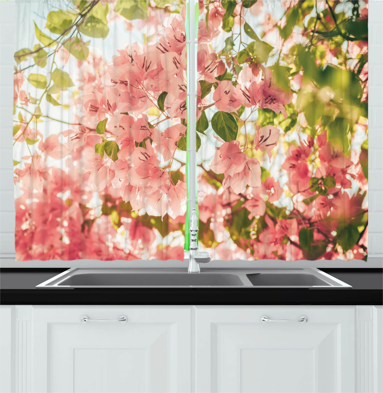 Ambesonne Floral Kitchen Curtains - Bougainvillea Flowers & Branches Summer Blossom Design, 55