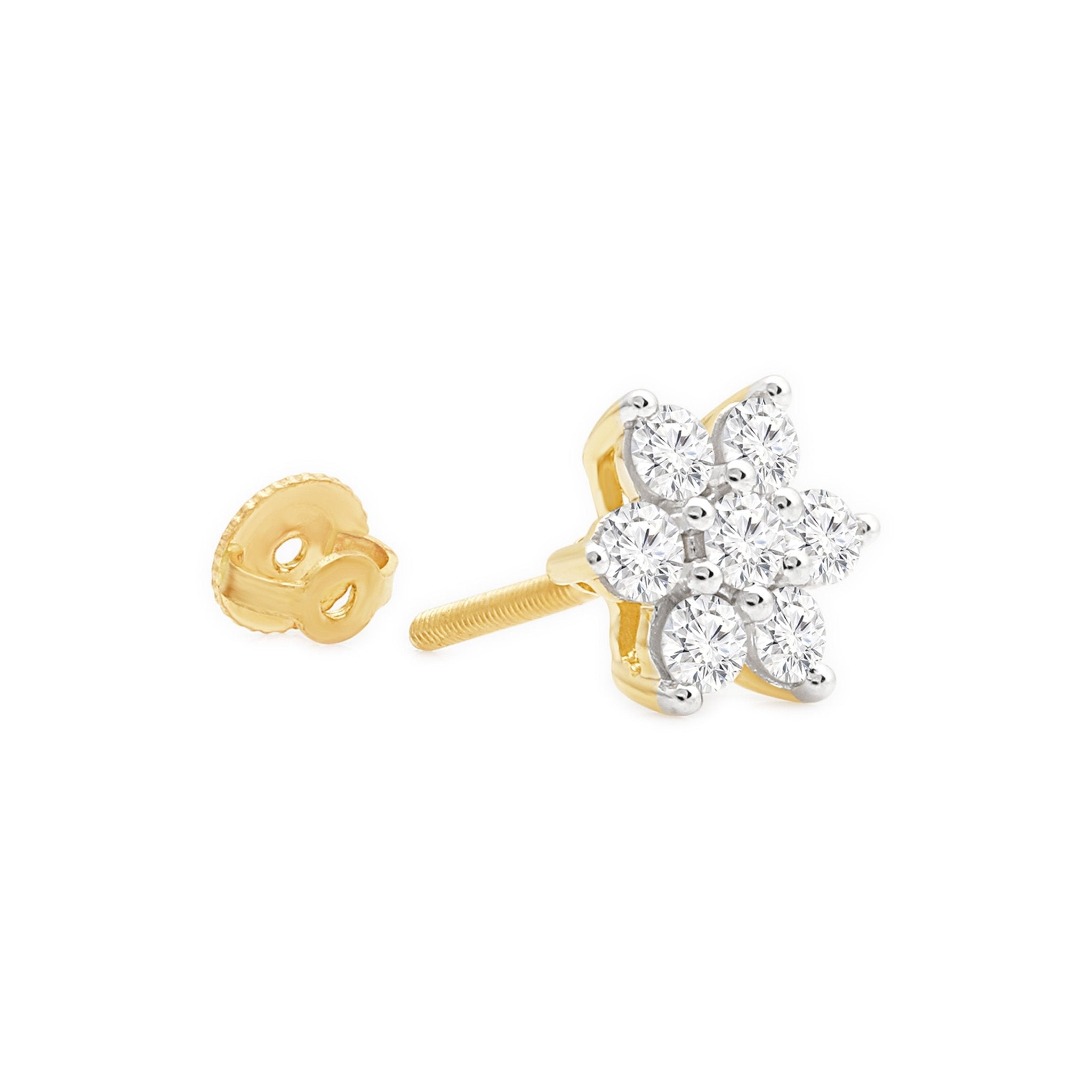 14K Yellow Gold Diamond Flower Screw Back Earrings for Women - Elegant Floral Stud Earrings for Everyday Wear, Wedding, Party & Special Occasions