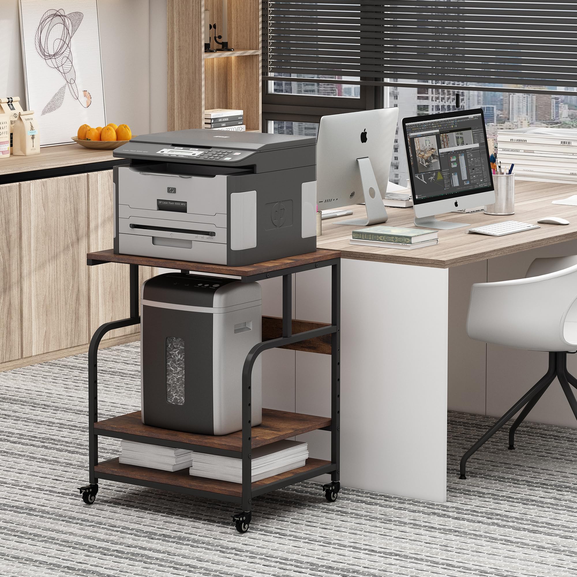 Adjustable 3-Tier Printer Stand with Wheels & Storage Shelf - Heavy Duty Rolling Cart for Home Office, Heat Press, Mini Fridge - Industrial Style Workspace Organizer (Perfect for Small Spaces & Craft Rooms)