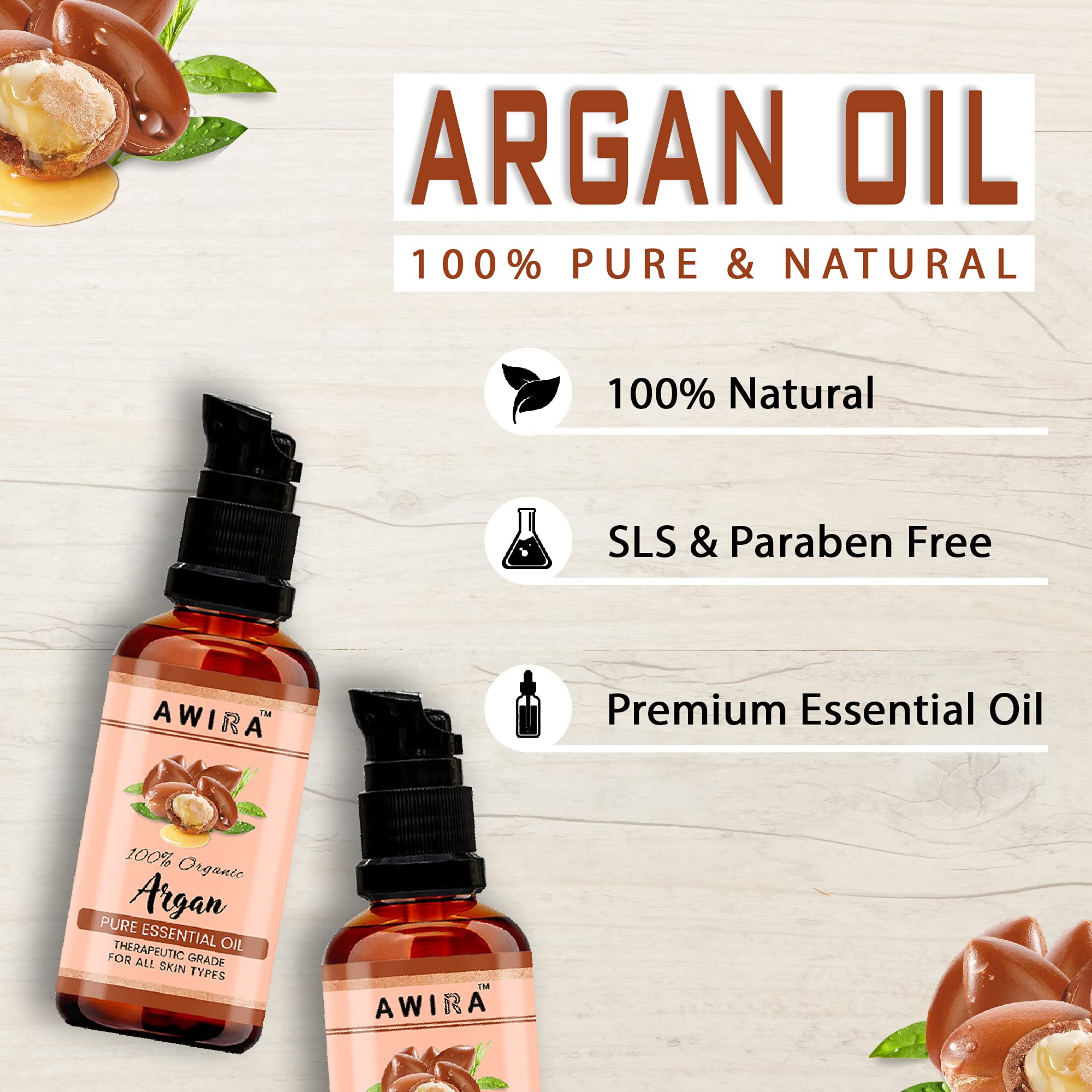 Awira Cold Pressed 100% Pure Argan Oil for Hair Growth, Skin & Face Care - 10ml Bottle - Natural Moisturizer for Dry Hair, Wrinkles & Massage Therapy | Perfect for Daily Beauty Routine & Spa Treatments