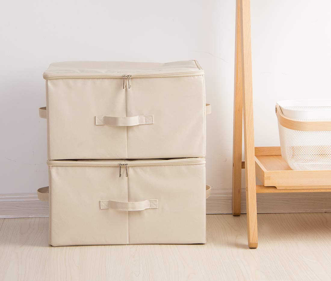 Collapsible Rigid Storage Bins with Lids - Foldable Shelves & Clothes Storage Cubes for Wardrobe Organization (Beige, Set of 2) - Perfect for Closet, Bedroom, and Home Storage Solutions
