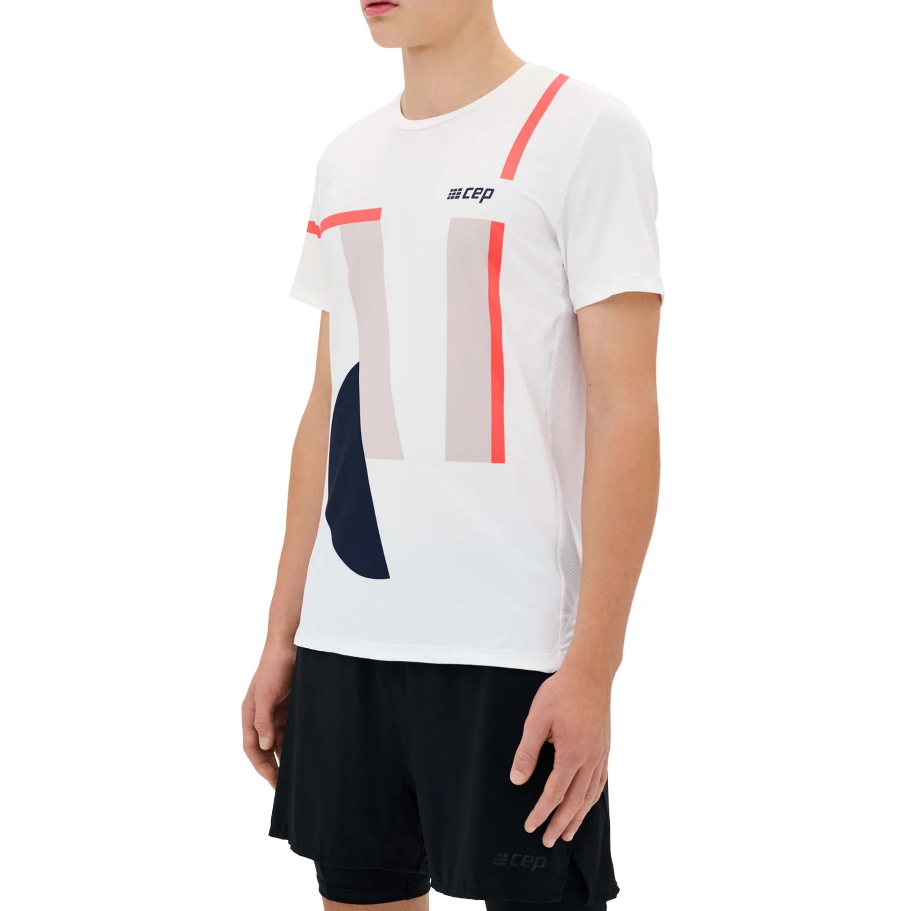 CEP Men's Performance Running Shirt - Moisture Wicking Round Neck Short Sleeve Athletic Top (White/Geometric Print) - Ideal for Jogging, Gym Workouts & Outdoor Sports