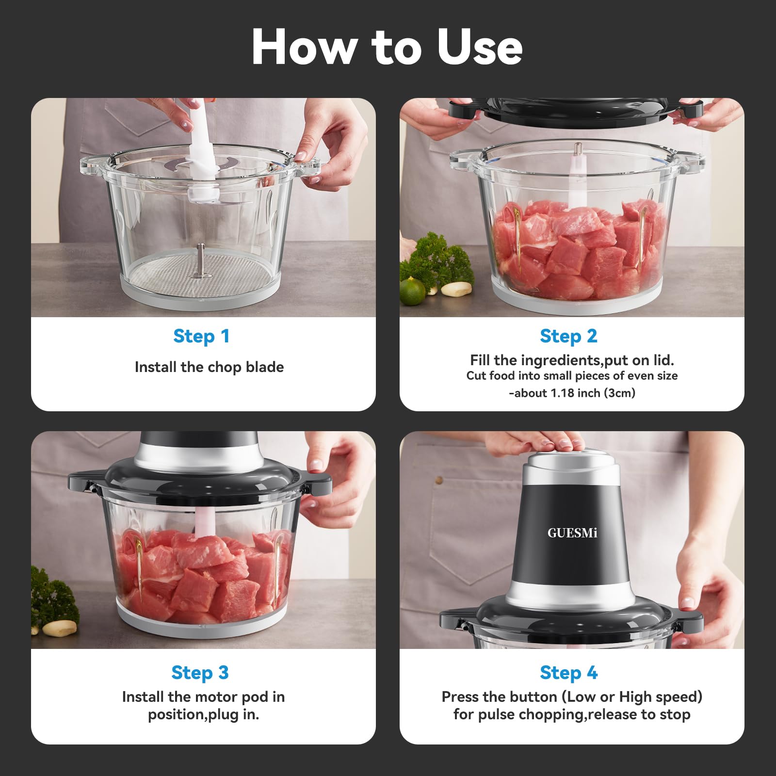 GUESMi 500W Electric Food Processor - Powerful Meat Grinder & Vegetable Chopper with 2 Stainless Steel Bowls (8 Cup Each) & Dual Blades - Perfect for Chopping Onions, Garlic, Nuts & Grinding Meat - Ideal for Meal Prep, Cooking & Baking