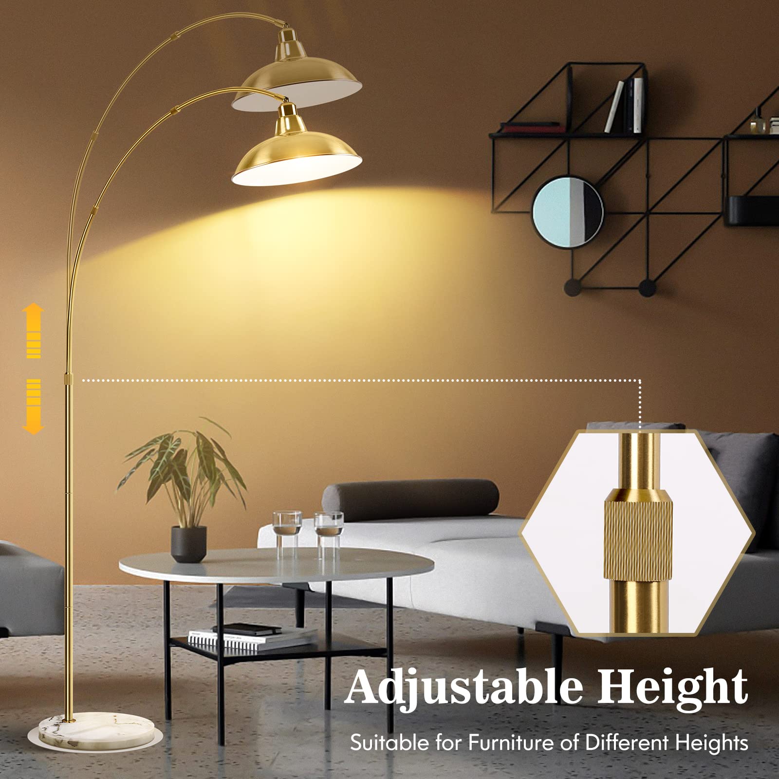 Gold Brass Arc Floor Lamp - Mid Century Modern Standing Lamp with White Marble Base | Overhanging Arch Design for Living Room, Bedroom & Study | Adjustable Reading Light & Ambient Lighting