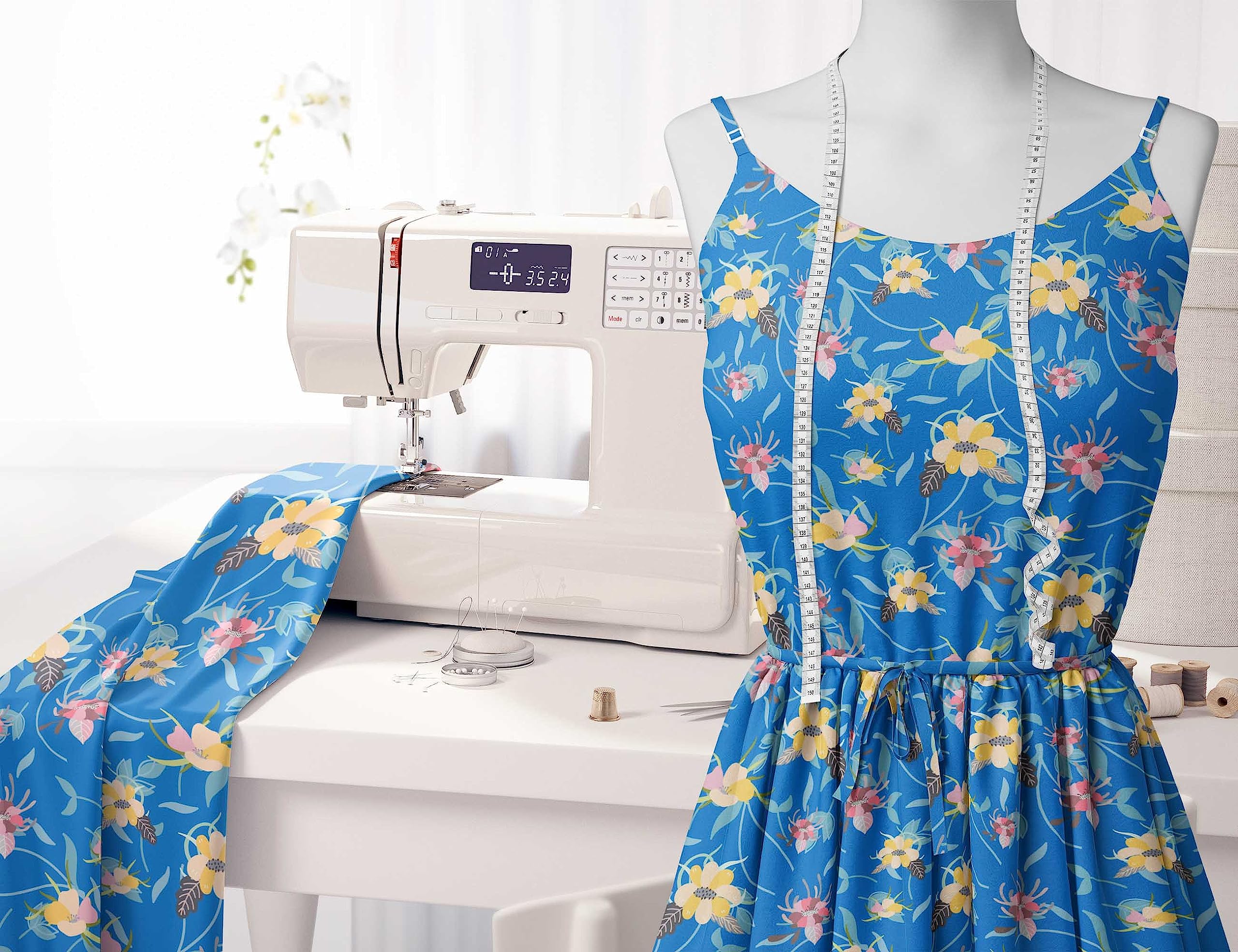 Soimoi Moss Georgette Blue Fabric by The Yard - 42 Inch Wide Printed Fabric with Artistic Leaf & Floral Design for DIY Fashion, Home Decor, and Craft Projects - Elegant Draping Material for Dresses, Curtains, and Scarf Making