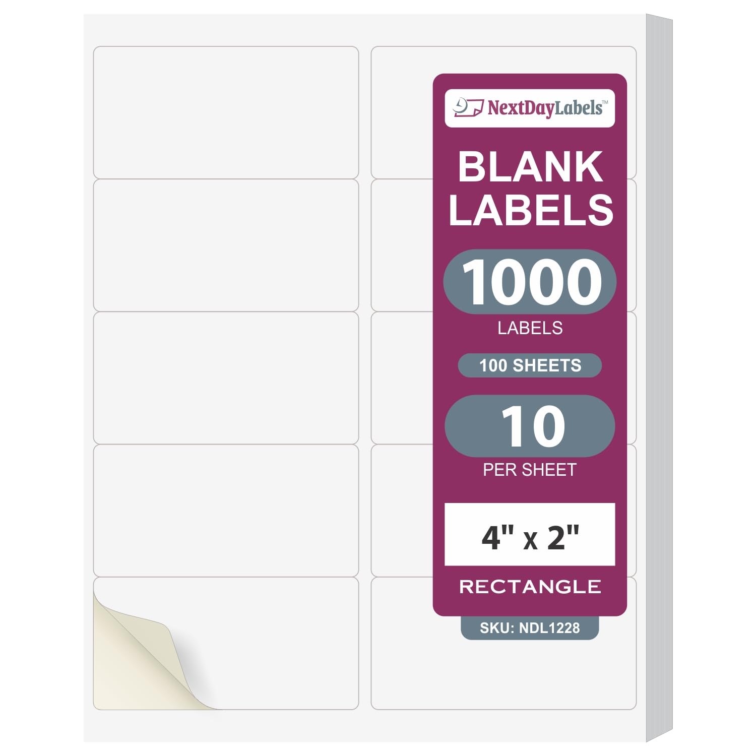 NextDayLabels – 4” x 2” White Rectangular Sticker Labels for Laser/Inkjet Printers - 1000 Adhesive Shipping Labels (100 Sheets, 10 Per Sheet) - Perfect for Return Address, Packaging & Mailing