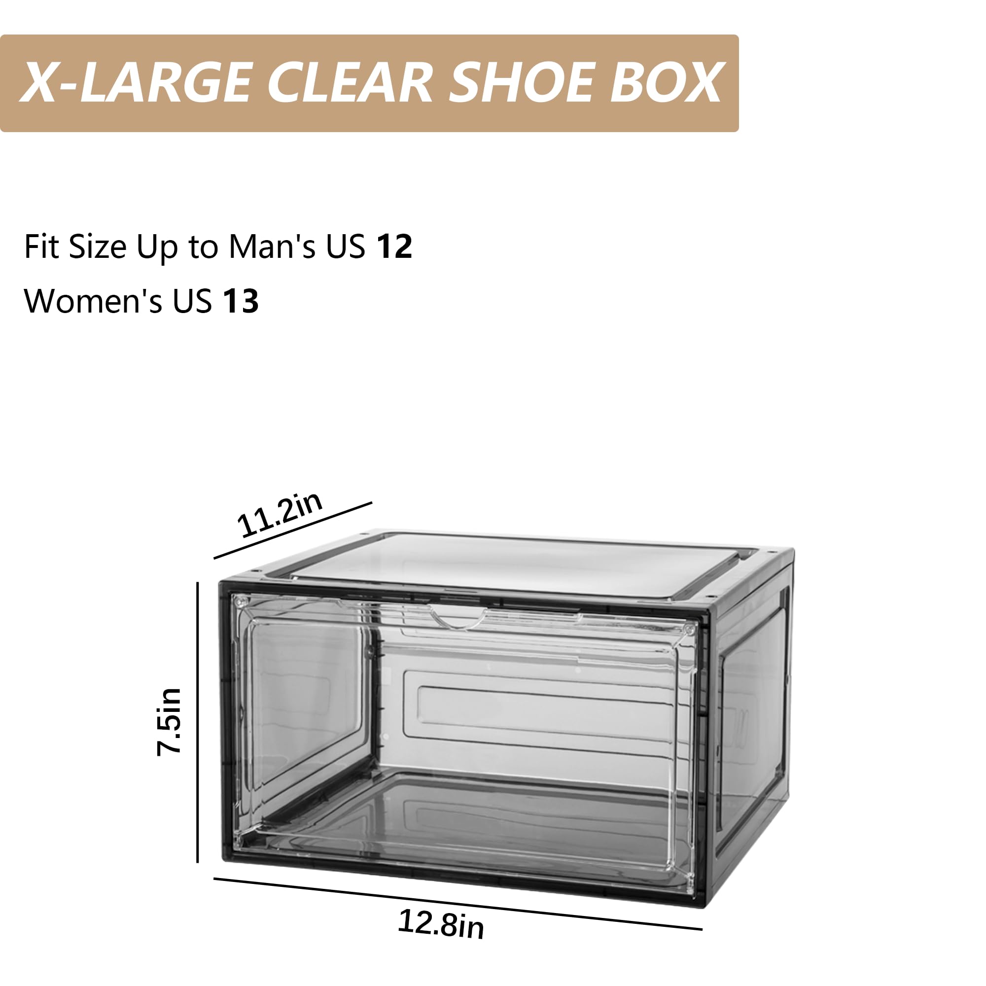 Clear Plastic Stackable Shoe Storage Box Organizer - 6 Pack with Magnetic Door for Sneaker Display | Easy Assembly, White | Perfect for Closet, Bedroom & Sneaker Collection Organization