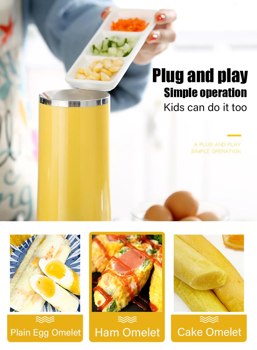 Electric Egg Roll Maker & Hot Dog Machine - 360° 3D Heating, Fast 6-Minute Cooking, Yellow ABS+Metal Body, Modern Kitchen Appliance for Home, Party & Street Food Business
