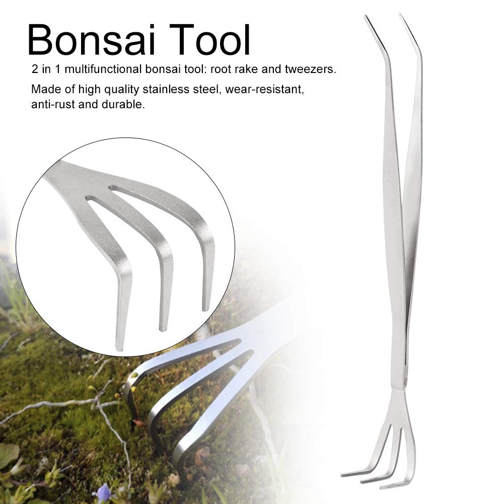 Professional Stainless Steel Bonsai Root Rake & Tweezers Set - Loosen Soil Tool for Bonsai Trees, Planters & Gardening - Perfect for Repotting, Pruning & Soil Aeration