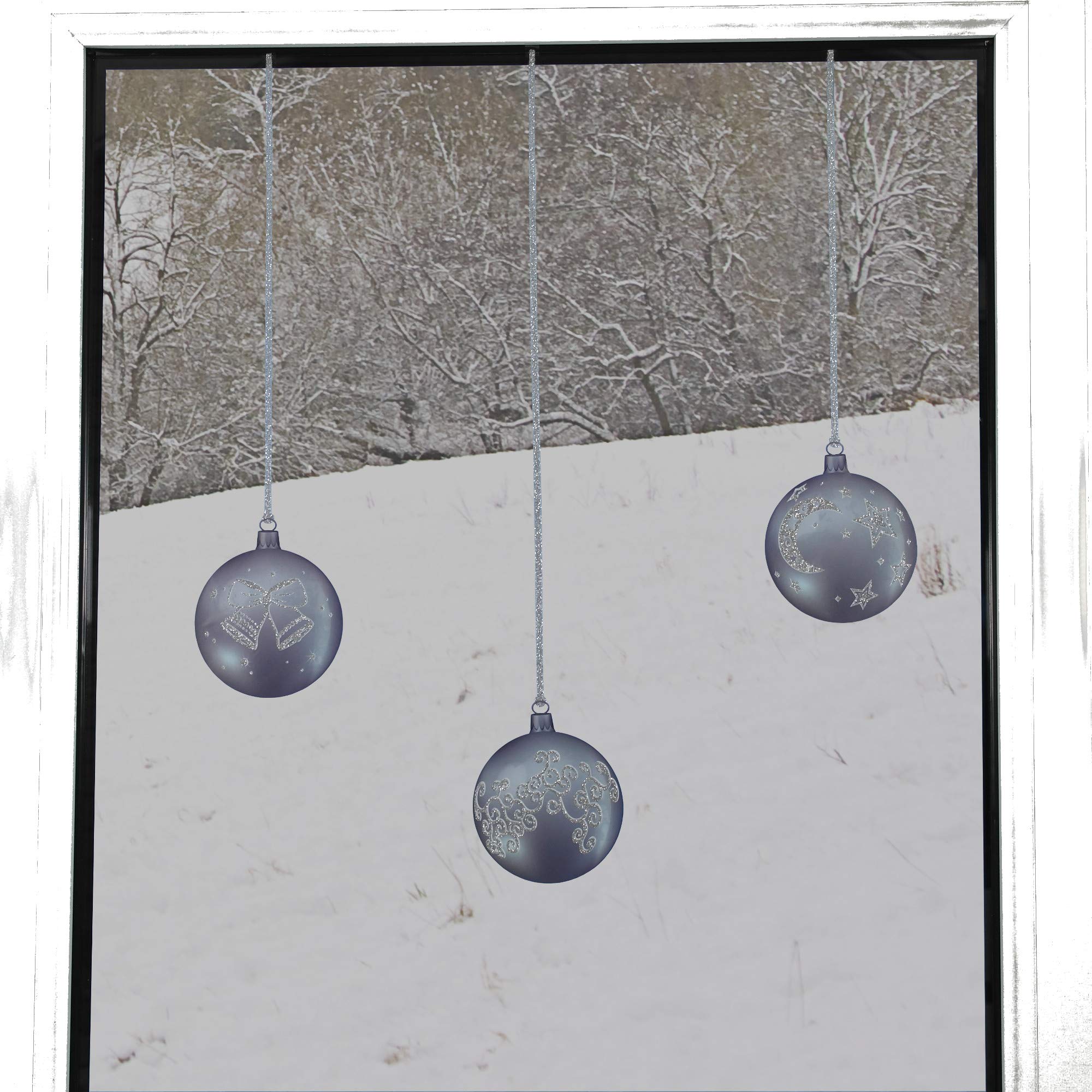 12 Pack Silver Glitter Window Clings with Strings - Holiday Decorative Stickers for Windows, Glass Doors & Mirrors (Perfect for Christmas, Halloween & Party Decorations)