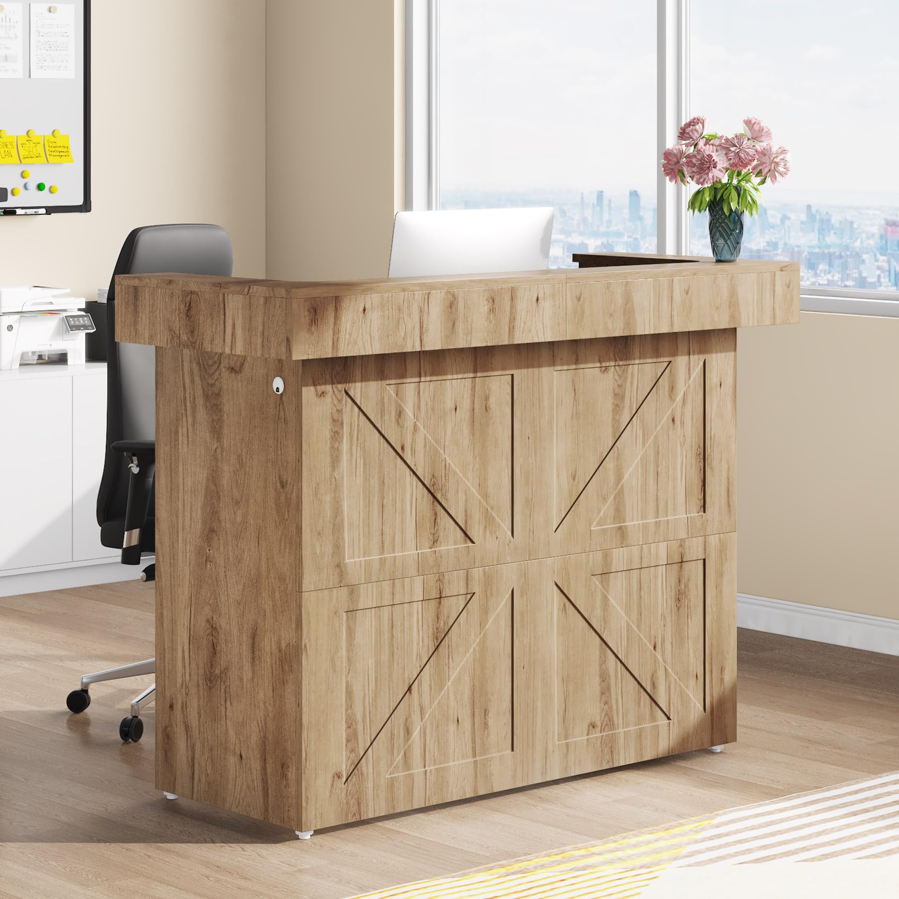 Tribesigns 55-Inch Modern Reception Desk with Built-in Light & Cable Grommets - Brown Office Lobby Counter Table for Salon, Retail Shop & Business Waiting Area - Perfect for Professional Spaces & Commercial Interiors