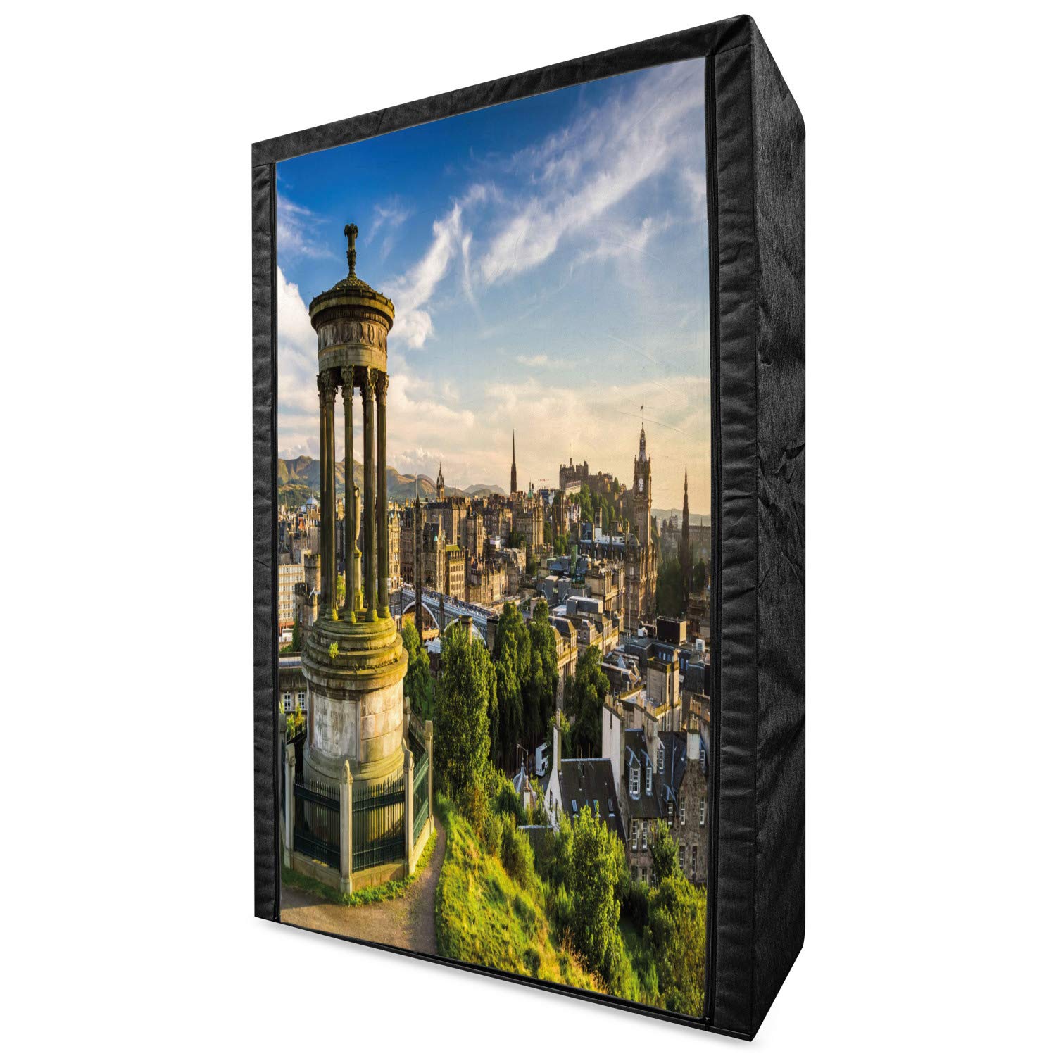 Ambesonne Portable Fabric Wardrobe with Shelves - Edinburgh Cityscape Panorama Art in Fern Green, Blue & Tan | 42.5