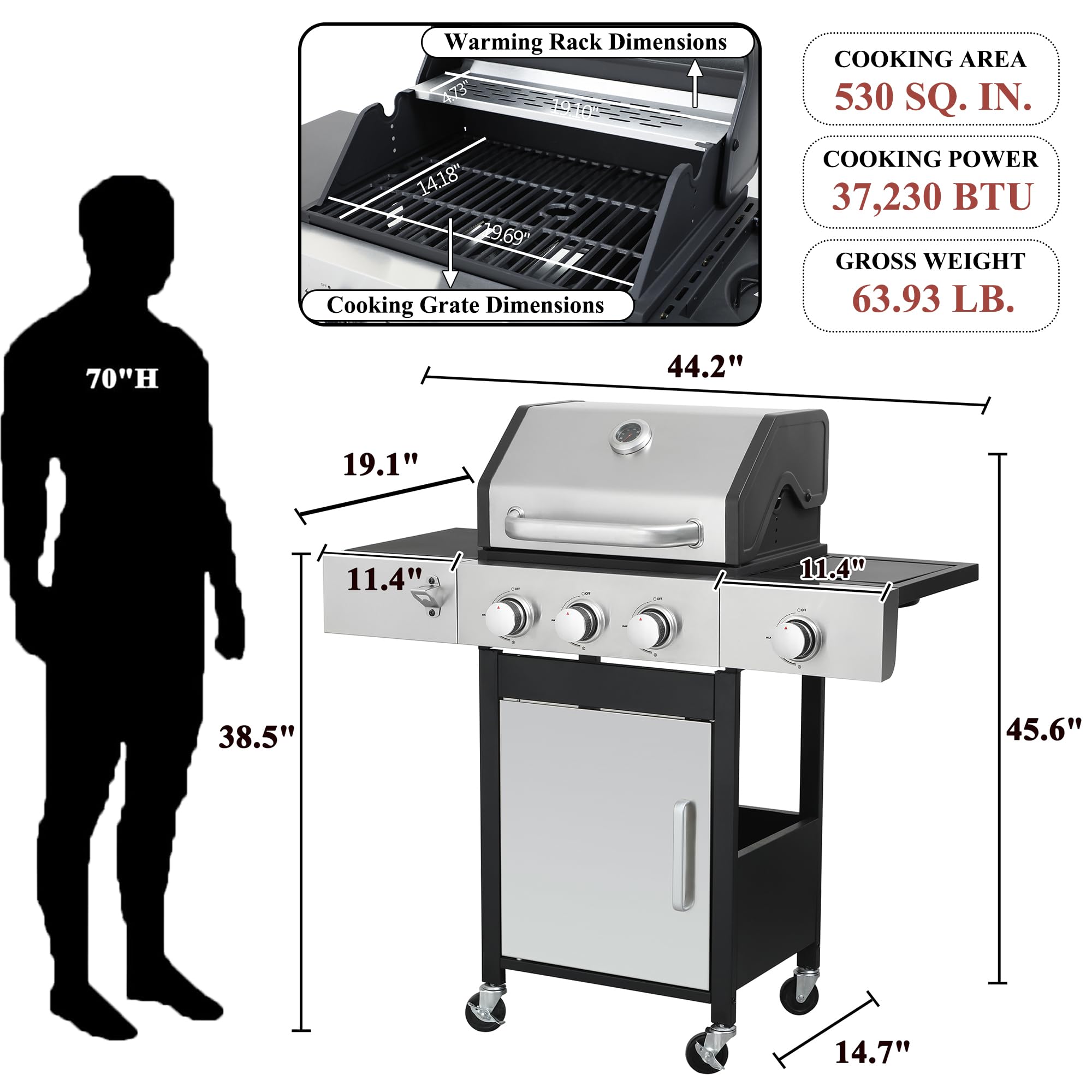 **3+1 Burner Propane Gas BBQ Grill with Side Burner & Enameled Cast Iron Grids – 37,230 BTU Stainless Steel Outdoor Grill for Backyard, Patio, Camping & Tailgating – Perfect for Grilling, Smoking & Entertaining**