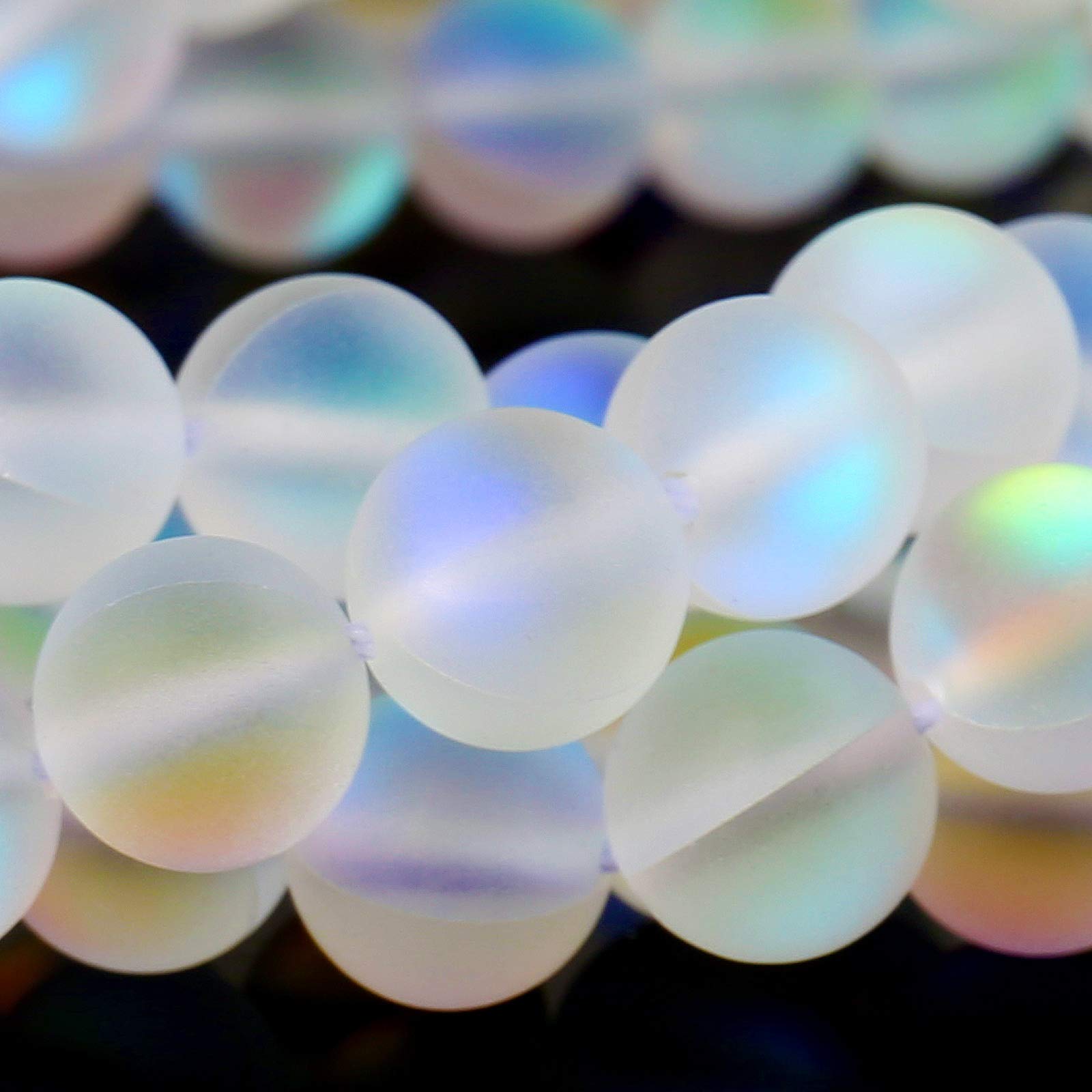 10MM Matte White Aurora Crystal Glass Beads - Frosted Glitter Shining Mermaid Round Loose Beads for Jewelry Making, DIY Bracelets & Crafts - Rainbow Holographic Synthetic Moonstone (Perfect for Boho Jewelry, Wedding Accessories & Gift Making)