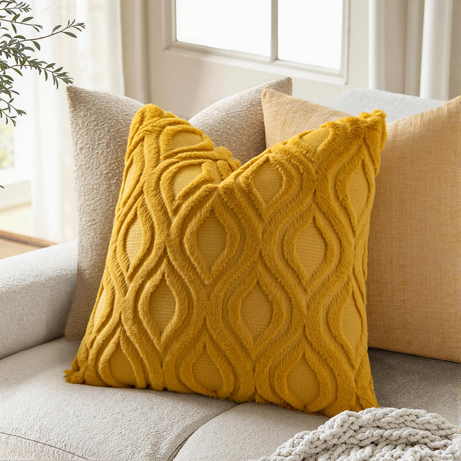 MIULEE Mustard Yellow Throw Pillow Covers 18x18 Inch - Soft Plush Faux Wool Decorative Pillow Covers Set of 2 for Farmhouse & Boho Style - Perfect for Sofa, Living Room, Bedroom & Home Decor