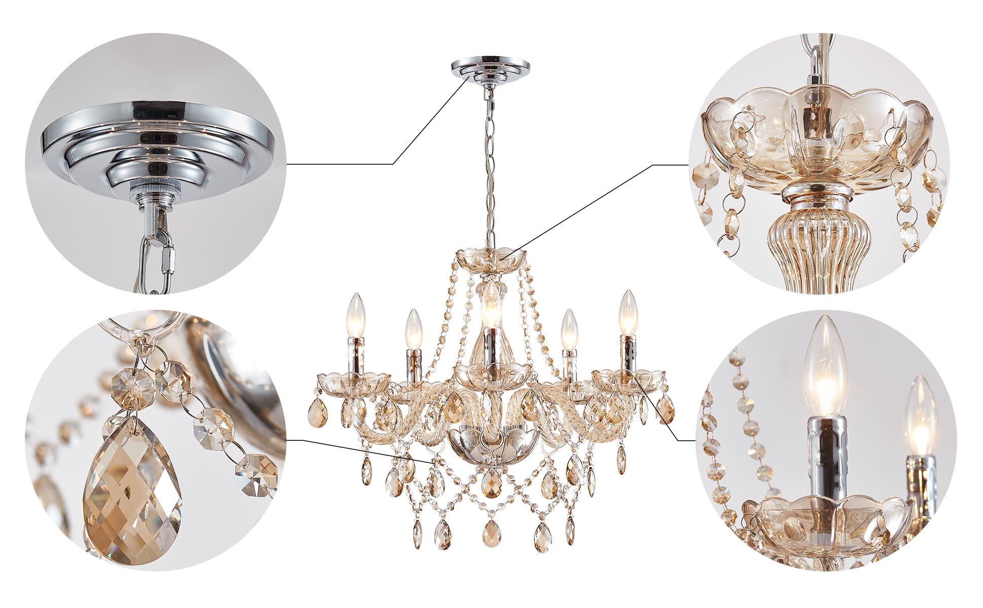 Saint Mossi 5-Light Modern K9 Crystal Chandelier - Elegant Dining Room Pendant Light, Bedroom & Living Room Ceiling Fixture with Champagne Crystals | Perfect for Home Decor, Wedding Venues, and Luxury Interior Lighting