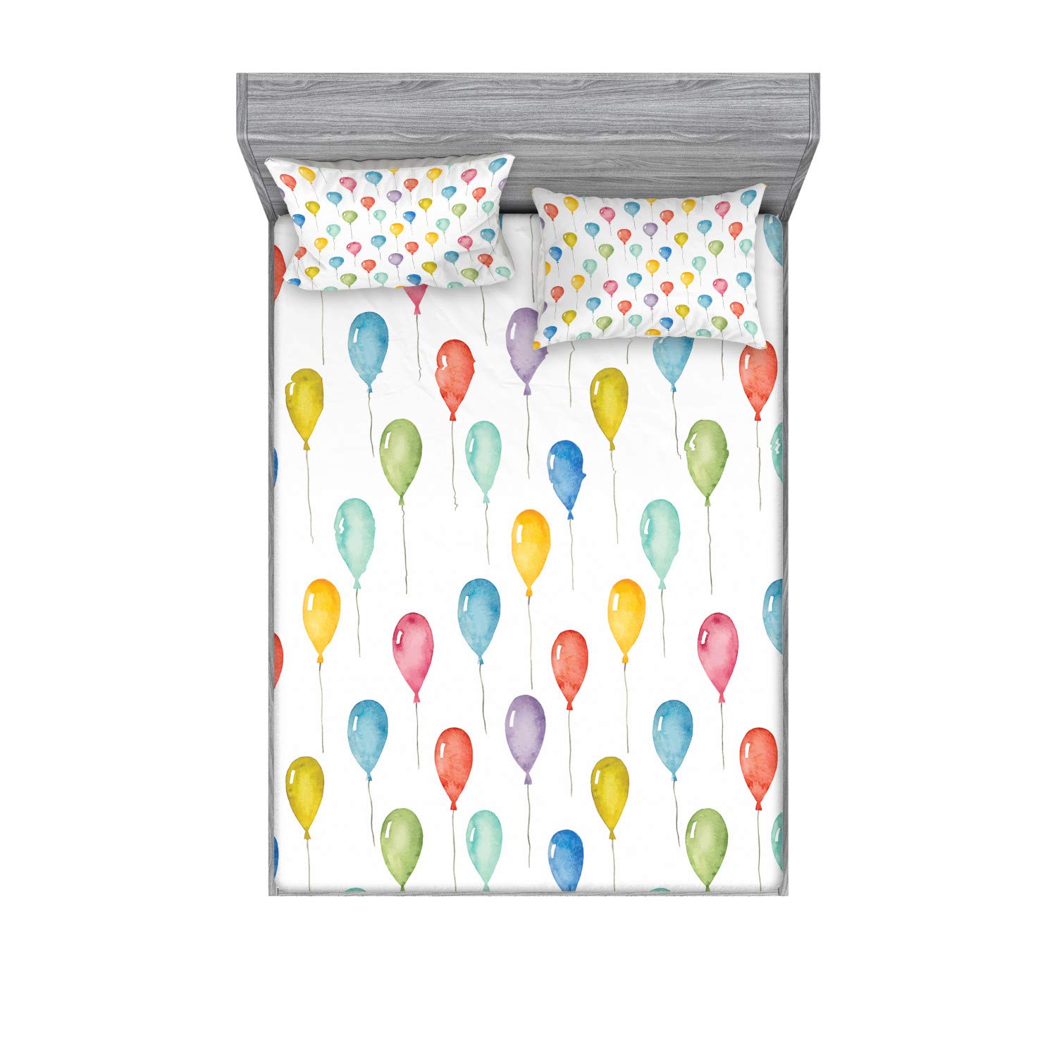 Ambesonne Colorful Balloons Fitted Sheet & Pillow Sham Set - 3 Piece Full Size Bedding Decor for Birthday Party, Celebration & Festival - Vibrant Printed Design for Kids Room, Guest Bedroom & Special Events