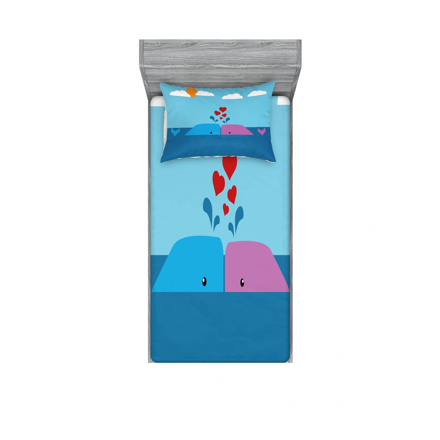 Ambesonne 2-Piece Romantic Whale Print Twin Fitted Sheet & Pillow Sham Set - Ocean Themed Blue and Pink Bedding Decor (Includes 2 Fitted Sheets & 2 Pillow Covers) - Perfect for Kids' Rooms, Beach House Decor or Whale Lover Gifts