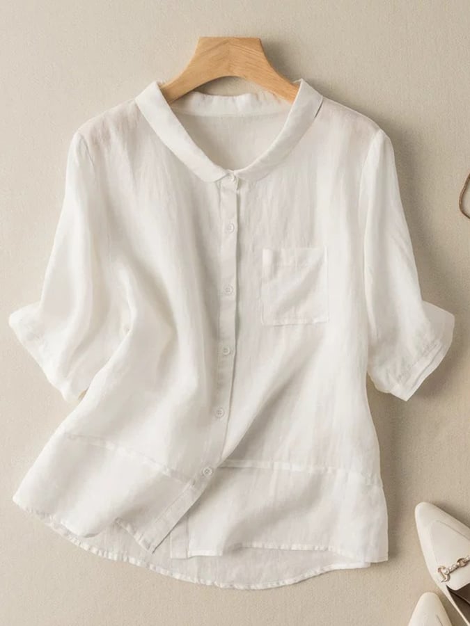 Lovevop Women's Cotton Linen Blend Half Sleeve Peter Pan Collar Loose Fit Blouse - Casual Summer Tops for Work, Dating & Vacation
