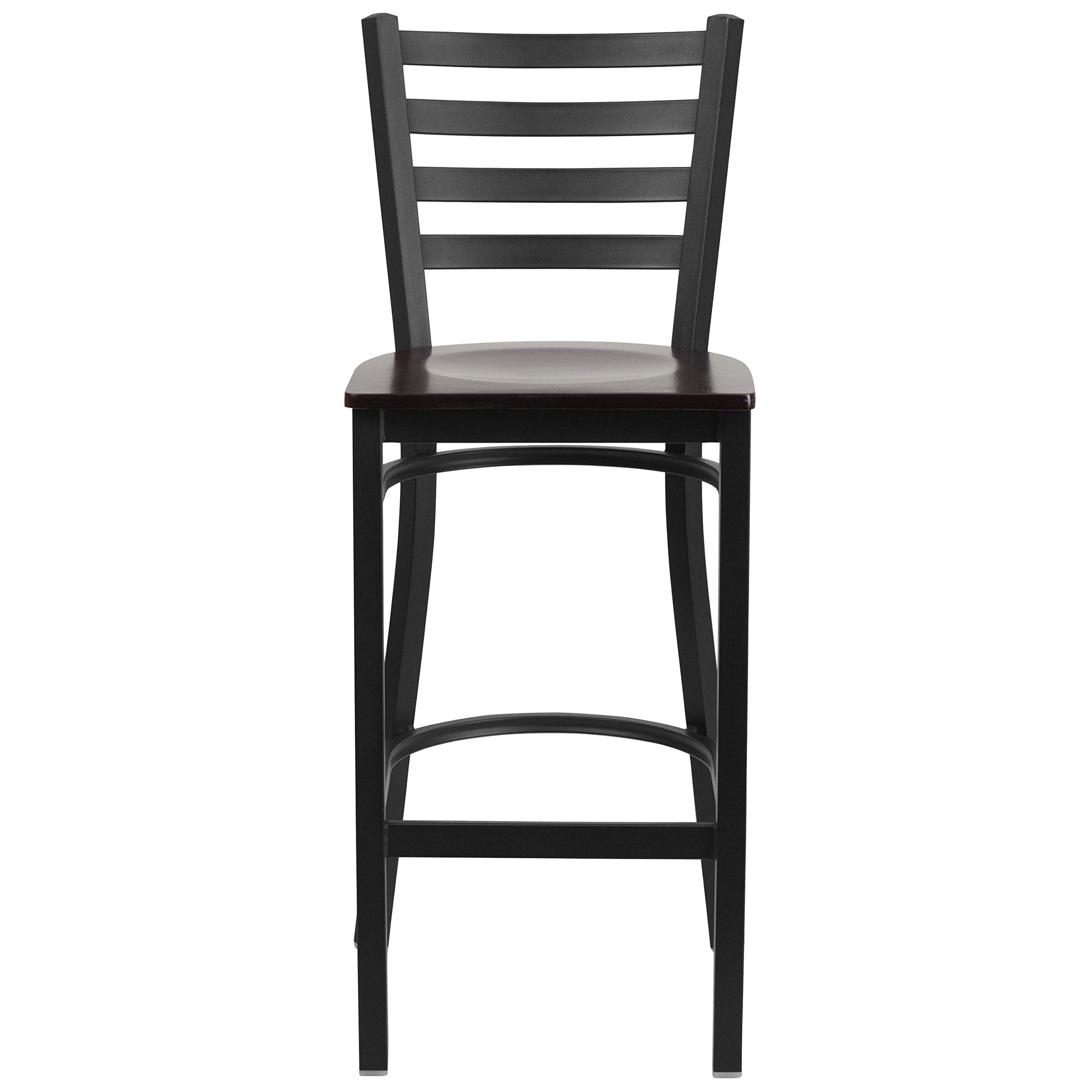 Black Metal Bar Stool with Walnut Wood Seat - Adjustable Height Ladder Back Design for Kitchen Counter, Restaurant & Home Bar - Heavy Duty Commercial Use
