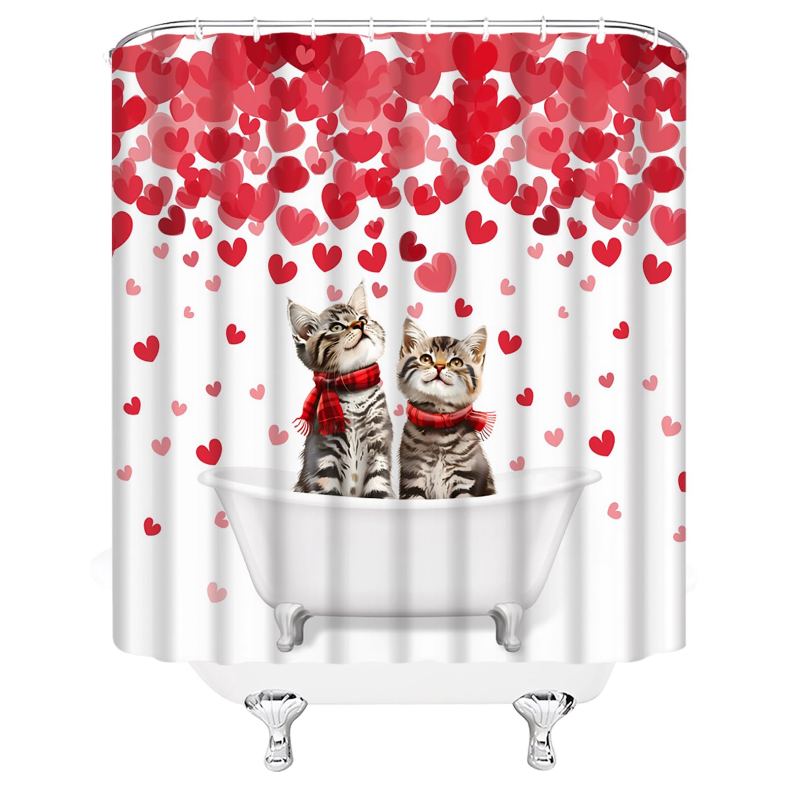 Cute Cat in Bathtub Valentine's Day Shower Curtain - Romantic Funny Sweet Holiday Fabric Bathroom Decor Set with Hooks - Perfect for Couples' Bathroom, Anniversary Gift & Home Decor