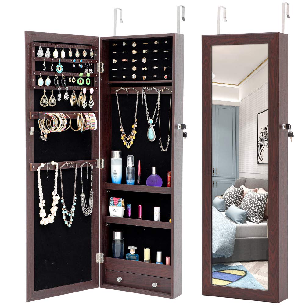 Takefuns Wall Mount Jewelry Armoire Cabinet with Full-Length Mirror & 6 LED Lights - Lockable Jewelry Organizer with Storage for Necklaces, Rings, Earrings - Perfect for Bedroom, Closet & Dressing Room
