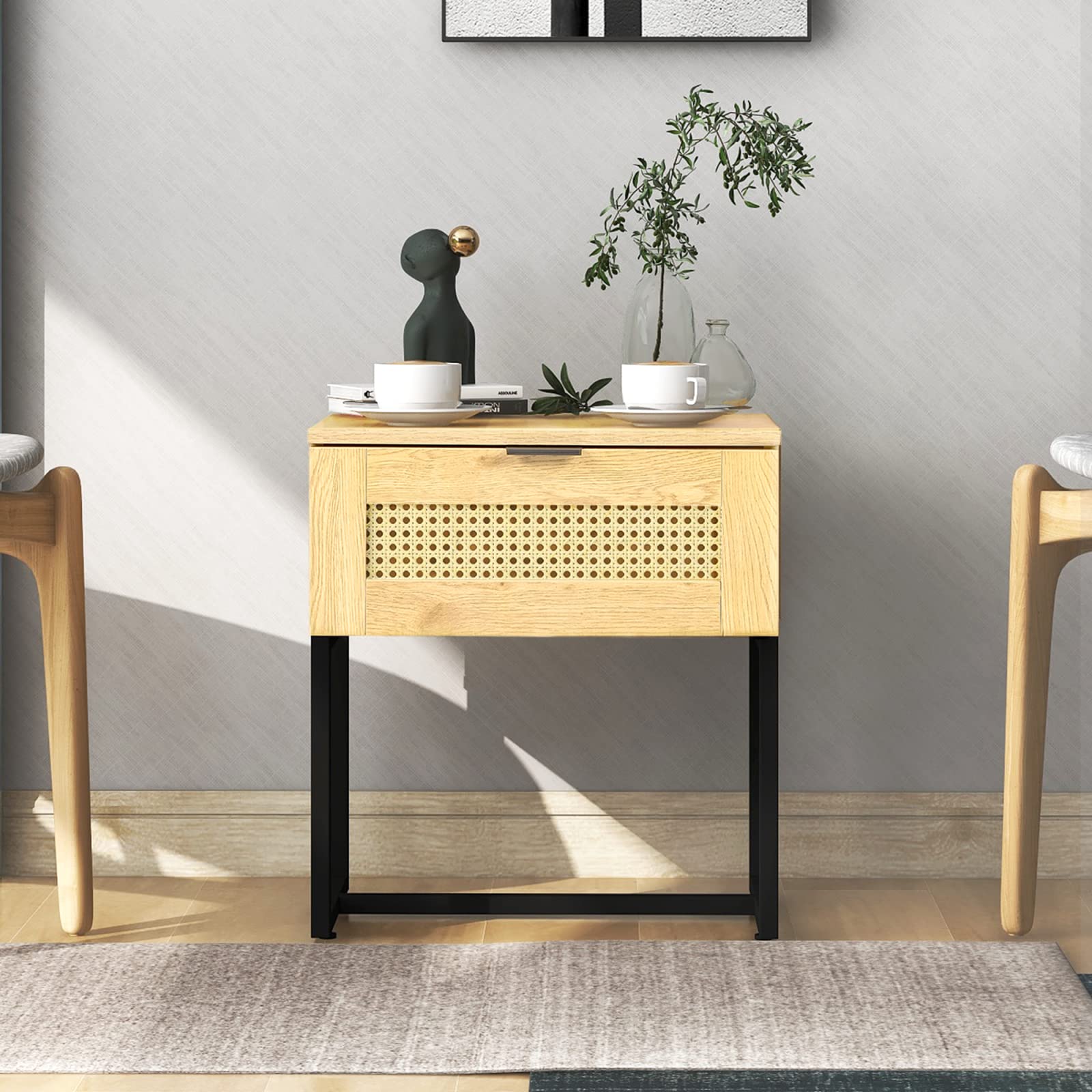 Rattan Wicker Side Table with Drawer - Small Nightstand, End Table for Bedroom & Living Room - Wooden MDF Top & Black Steel Frame - Perfect for Bedside Storage, Sofa Side Table, and Home Decor