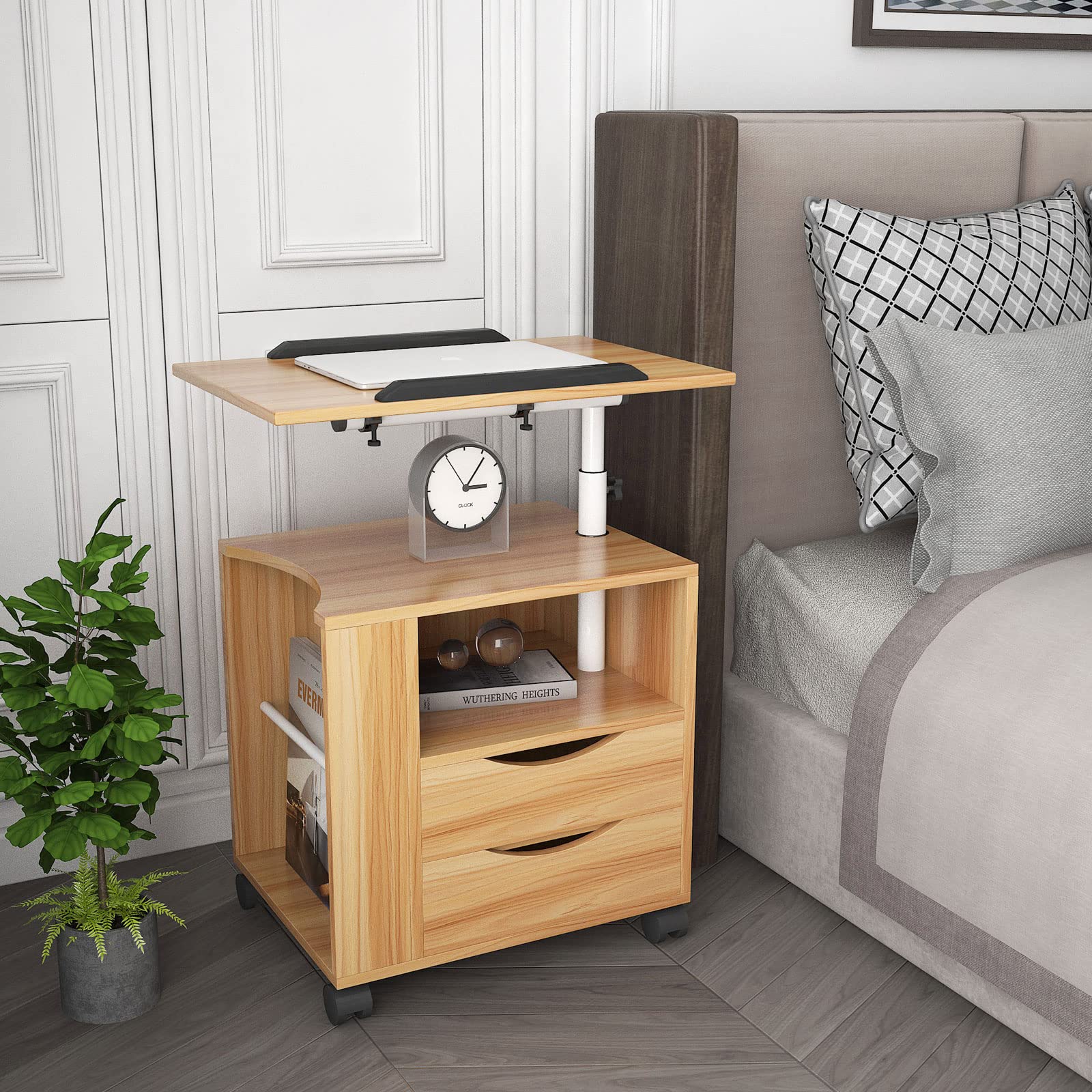 Swivel Top Nightstand End Table with 2 Drawers & 4 Wheels - Portable Rolling Bedside Table, Couch Laptop Desk for Bedroom & Living Room (Natural Wood Finish) - Perfect for Small Spaces, Home Office & Dorm Rooms