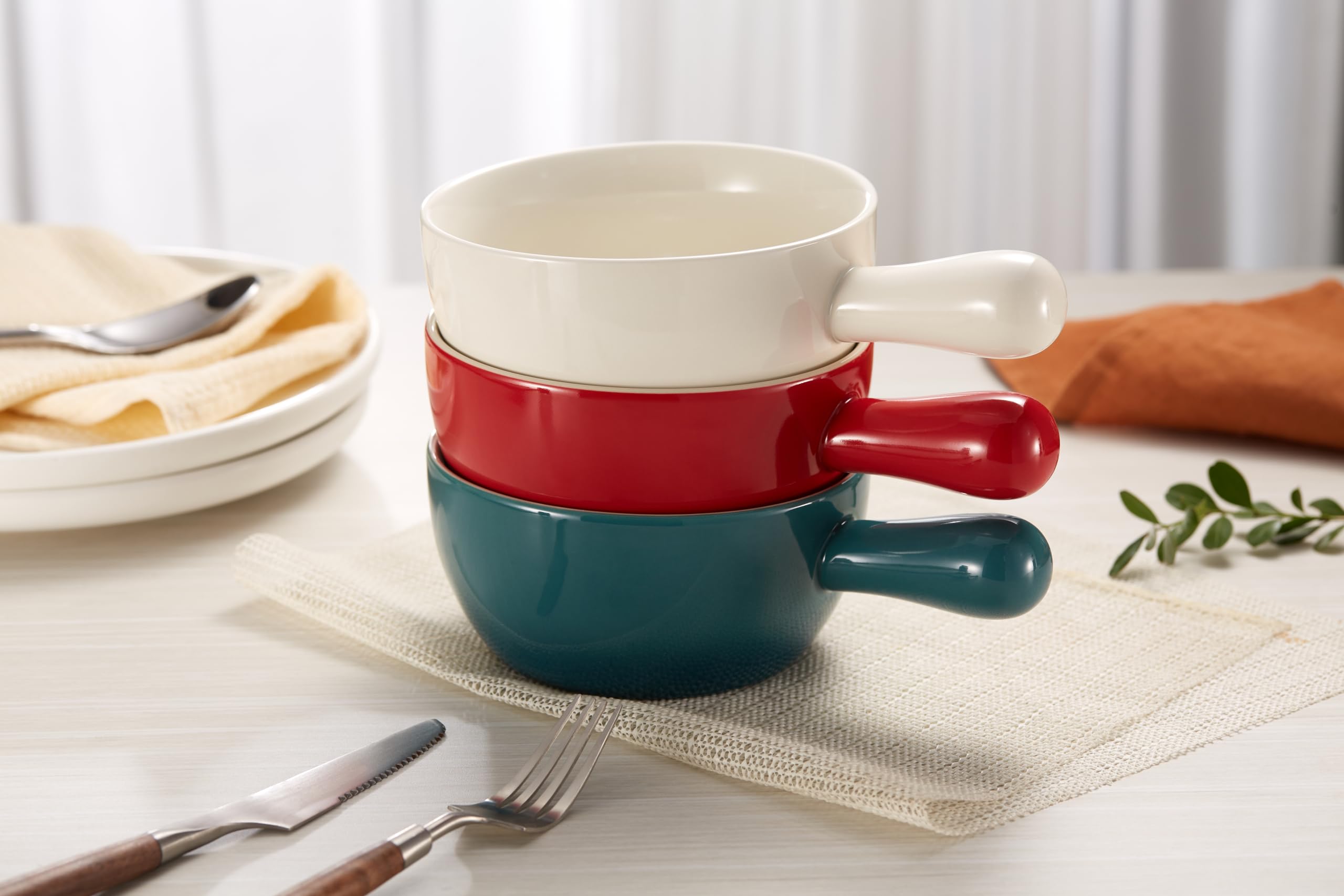 KooK French Onion Soup Crocks Set of 4 - 24oz Stackable Ceramic Bowls with Handles, Oven Safe, Microwave & Dishwasher Safe Stoneware - Perfect for Soups, Cereal, Casseroles, Baking & Serving - Elegant White Dinnerware for Restaurants & Home Dining