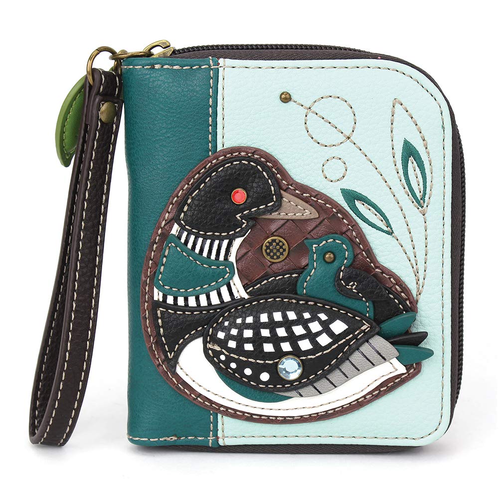 CHALA Zip-Around Wallet for Women - Loon Bird Pattern Blue Leather RFID Blocking Wallet - Perfect for Travel, Shopping & Everyday Use