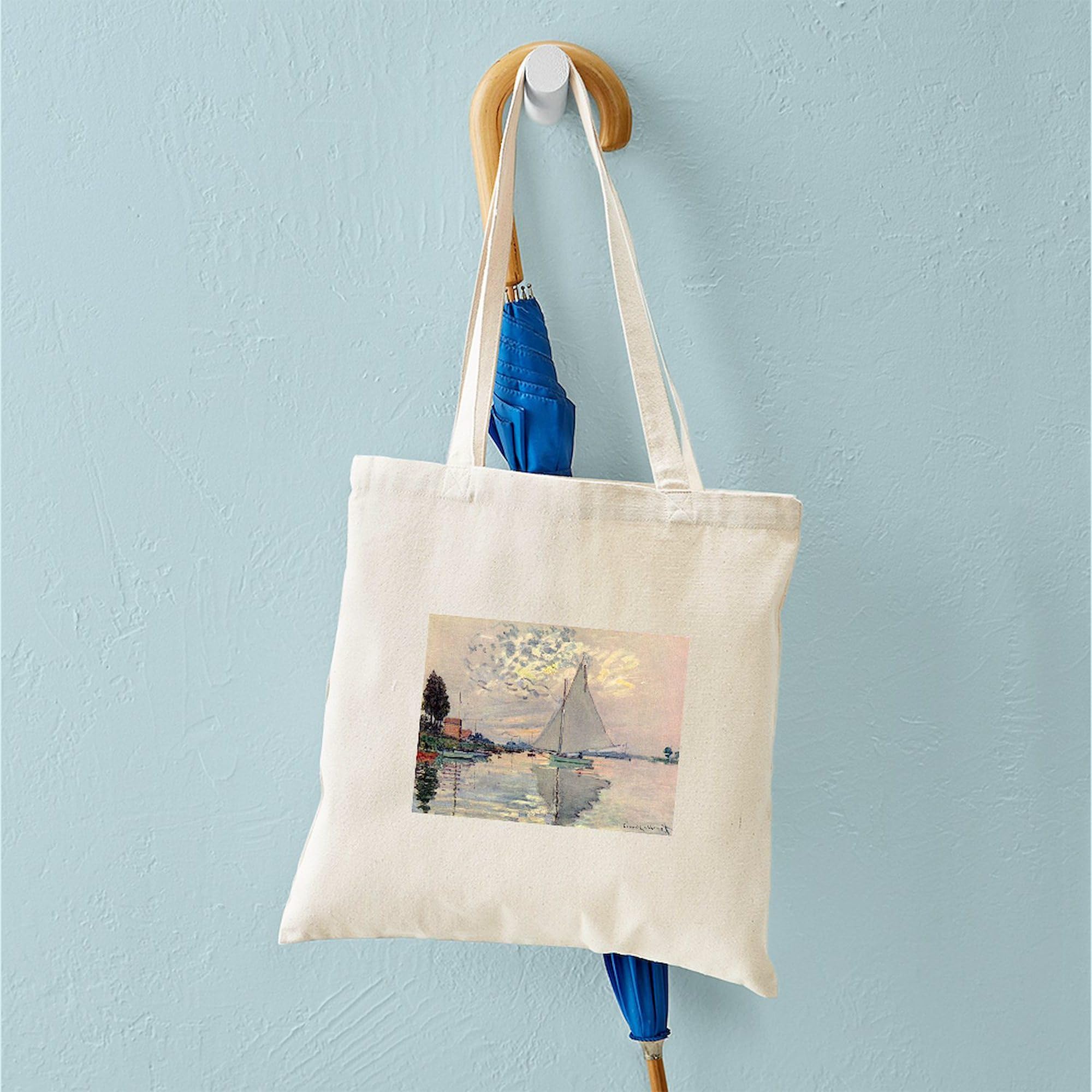Monet Sailboat Tote Bag - Natural Canvas Reusable Shopping Bag for Women, Beach, Grocery & Work Commute | Waterproof & Eco-Friendly Tote