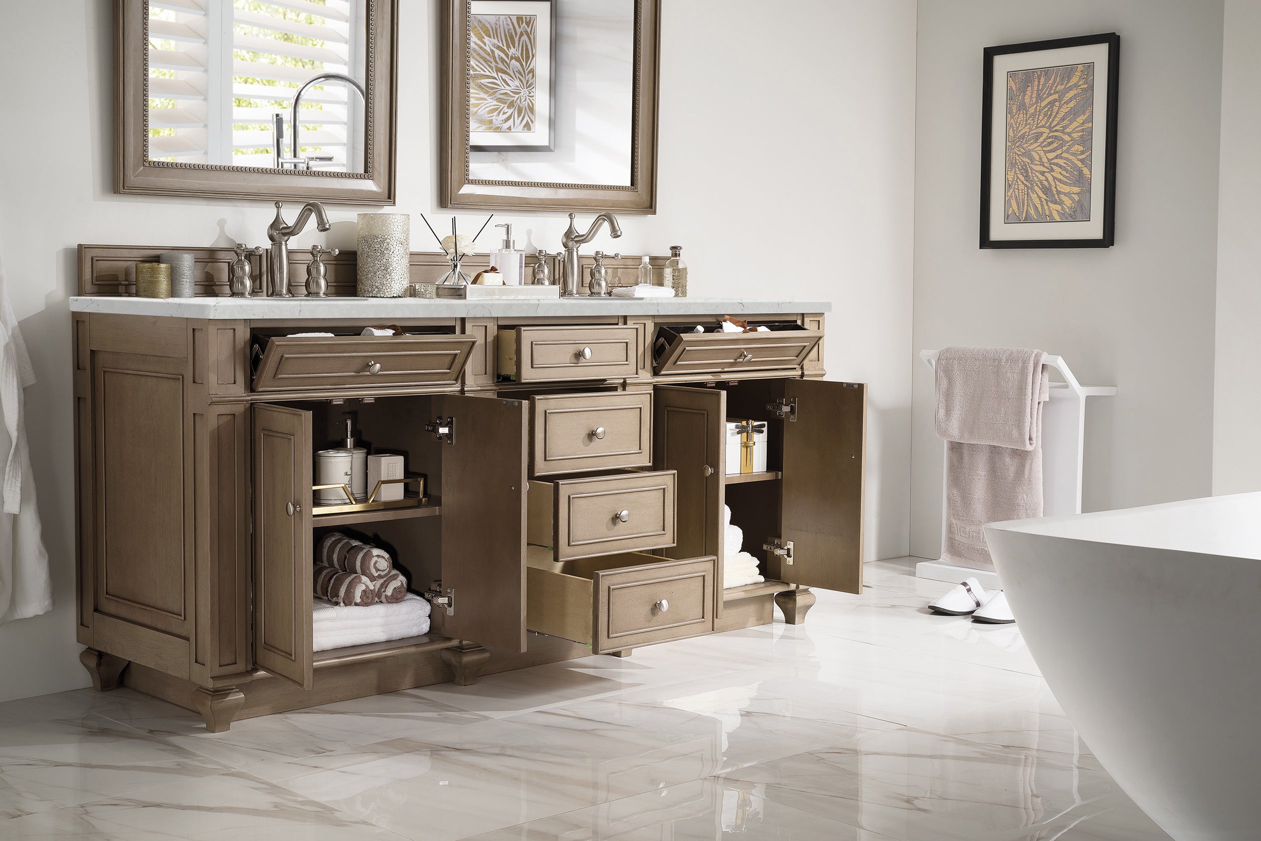Bristol 72 Inch Double Bathroom Vanity in Whitewashed Walnut with 3CM Eternal Jasmine Pearl Quartz Countertop - Perfect for Master Bathroom and Guest Bath Remodeling
