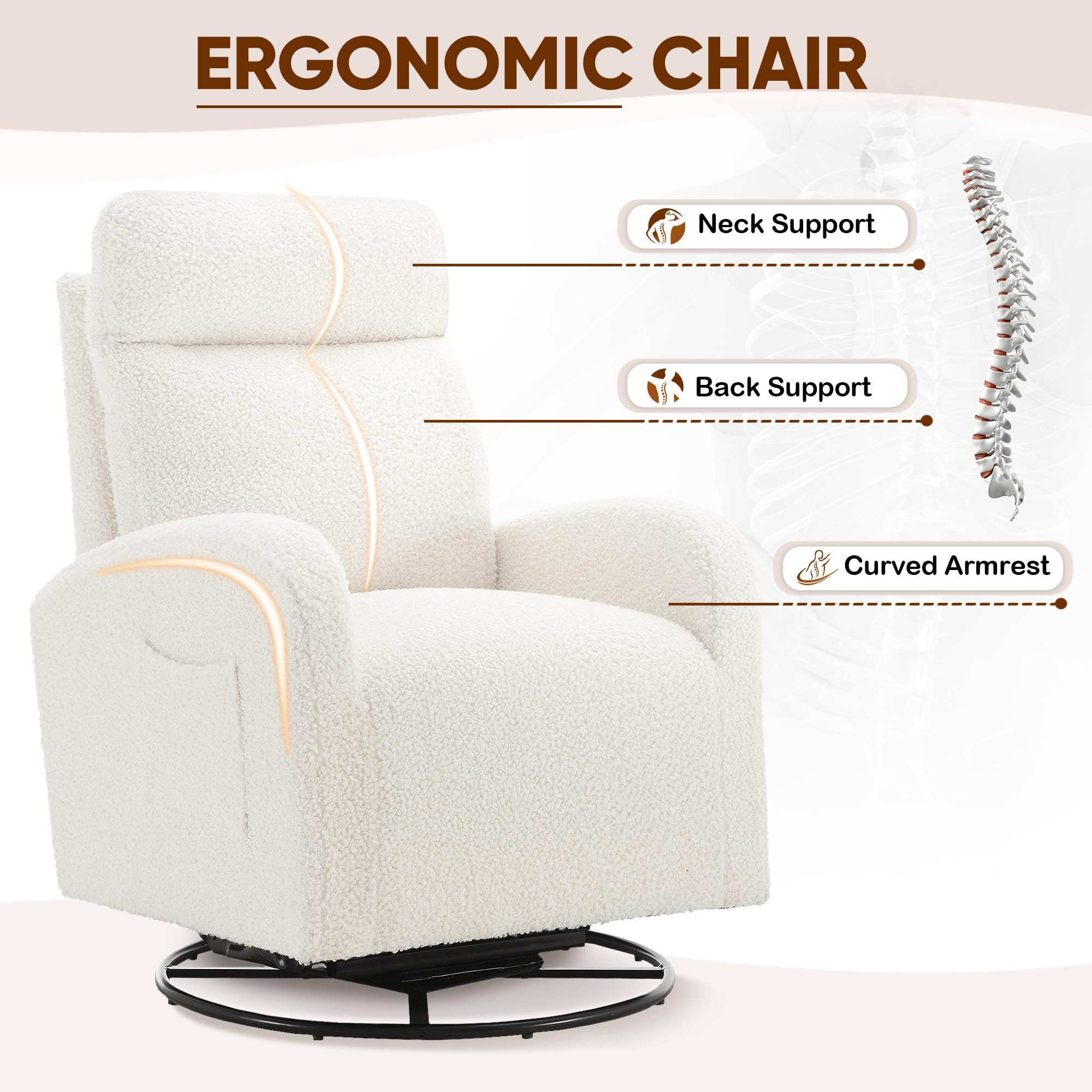 360° Swivel Glider Chair for Nursery & Living Room - Modern Ergonomic Rocking Recliner with High Back & Side Pocket - Cream White Boucle Upholstered Accent Chair for Bedroom, Nursery, Office - Perfect for Nursing, Relaxing & Reading