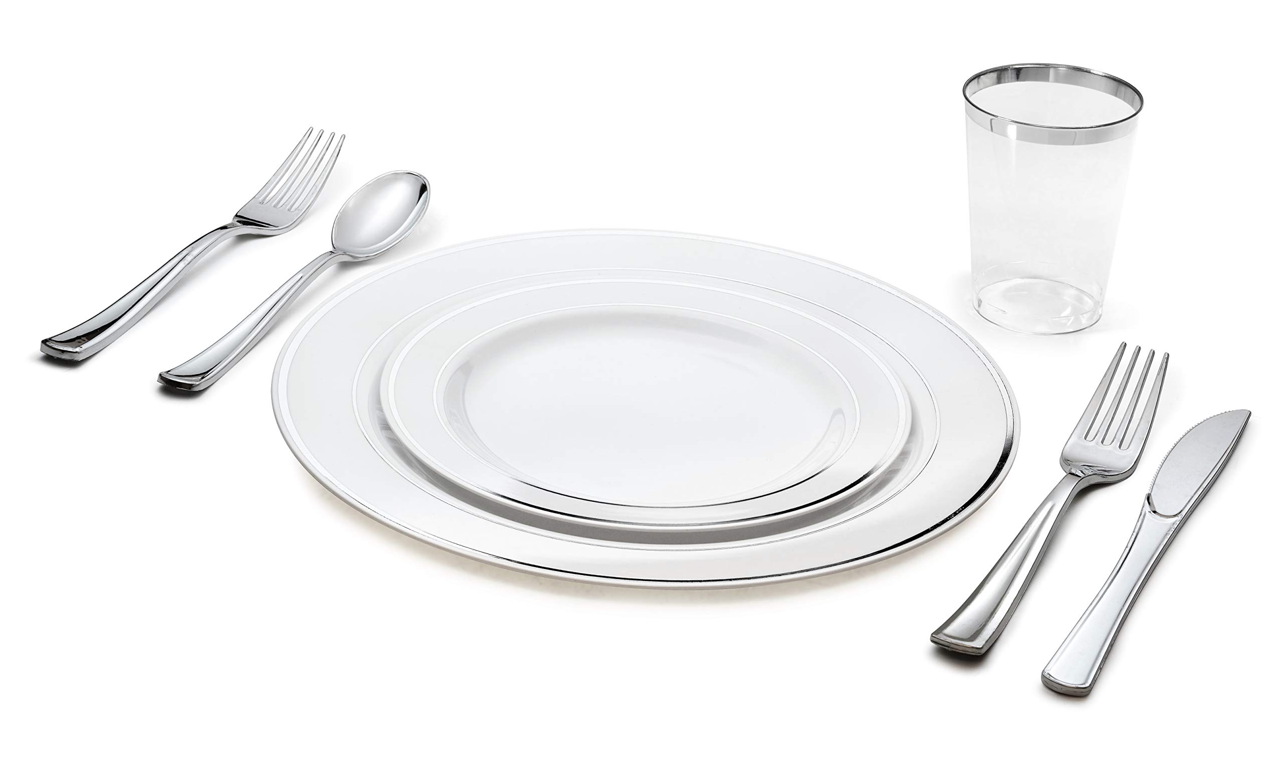 840-Piece Disposable Wedding Tableware Set - 120 Guest Plastic Plates, Silverware & Silver Rim Tumblers (Combo A, White & Silver) - Perfect for Weddings, Parties & Special Events