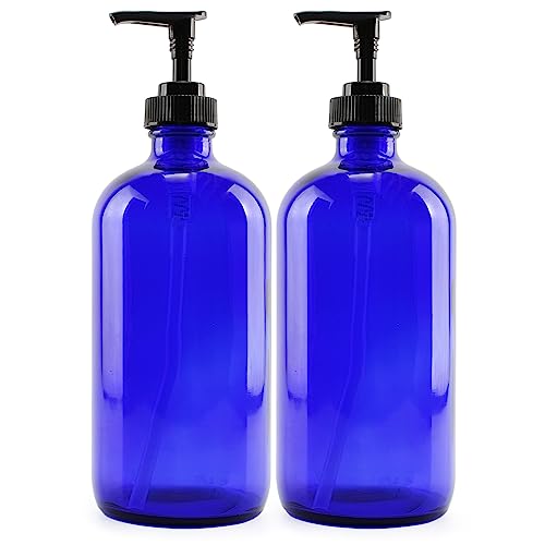 Refillable 16-Oz Cobalt Blue Glass Bottles with Lotion Pump (2-Pack) - BPA-Free Plastic Lids & Chalk Labels - Perfect for Liquid Soap, Hand Sanitizer & Essential Oils in Bathroom, Kitchen & Salon Use