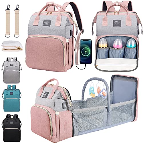Premium Baby Diaper Backpack with Changing Station & Toy Bar - Large Capacity Travel Diaper Bag for Parents - 900D Oxford Fabric with USB Charging Port - Includes 3 Interactive Toys (Pink) - Perfect for Baby Showers, Family Outings & Airplane Travel with Toddlers