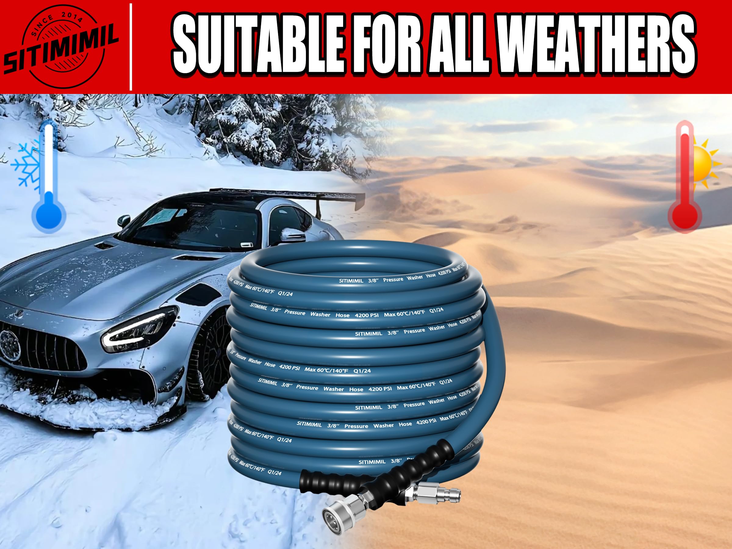 3/8'' 50FT High Pressure Washer Hose - Kink & Wear Resistant Steel Wire Braided with 4200 PSI Rating | Includes 3/8