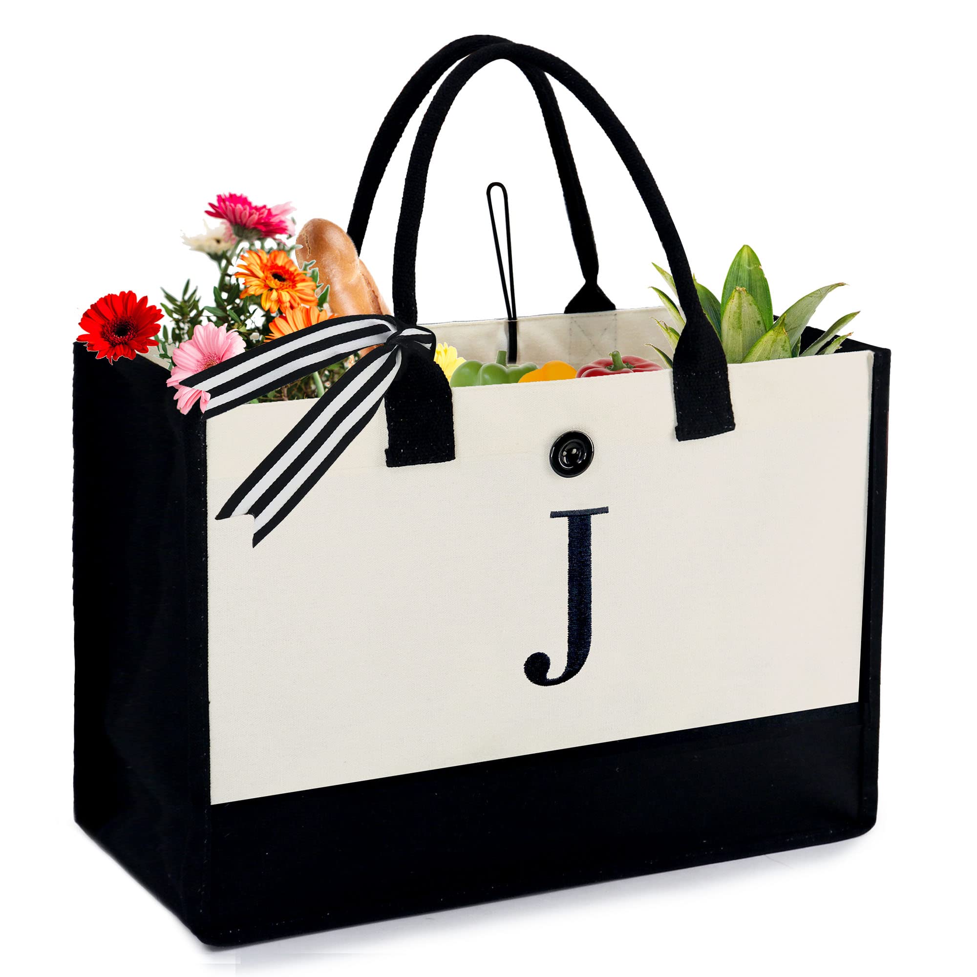 BeeGreen Personalized Initial Tote Bag for Women - 13oz Canvas Gift with Pocket - Birthday Present for Sister, Mom, Friends & Teacher - Perfect for Shopping, Work & Daily Use