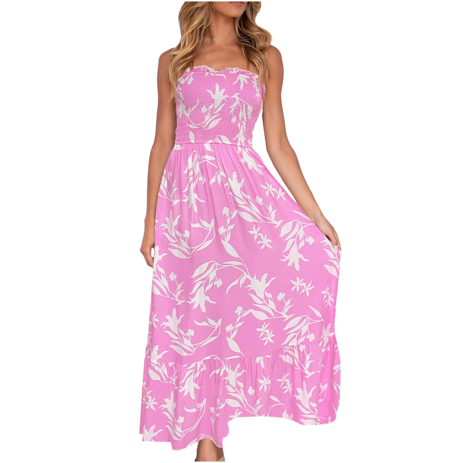 Women's Strapless Tube Dress - Summer Bohemian Floral Maxi Dress, Casual Loose Flowy Off Shoulder Bandeau Dress for Beach, Vacation & Outdoor Parties