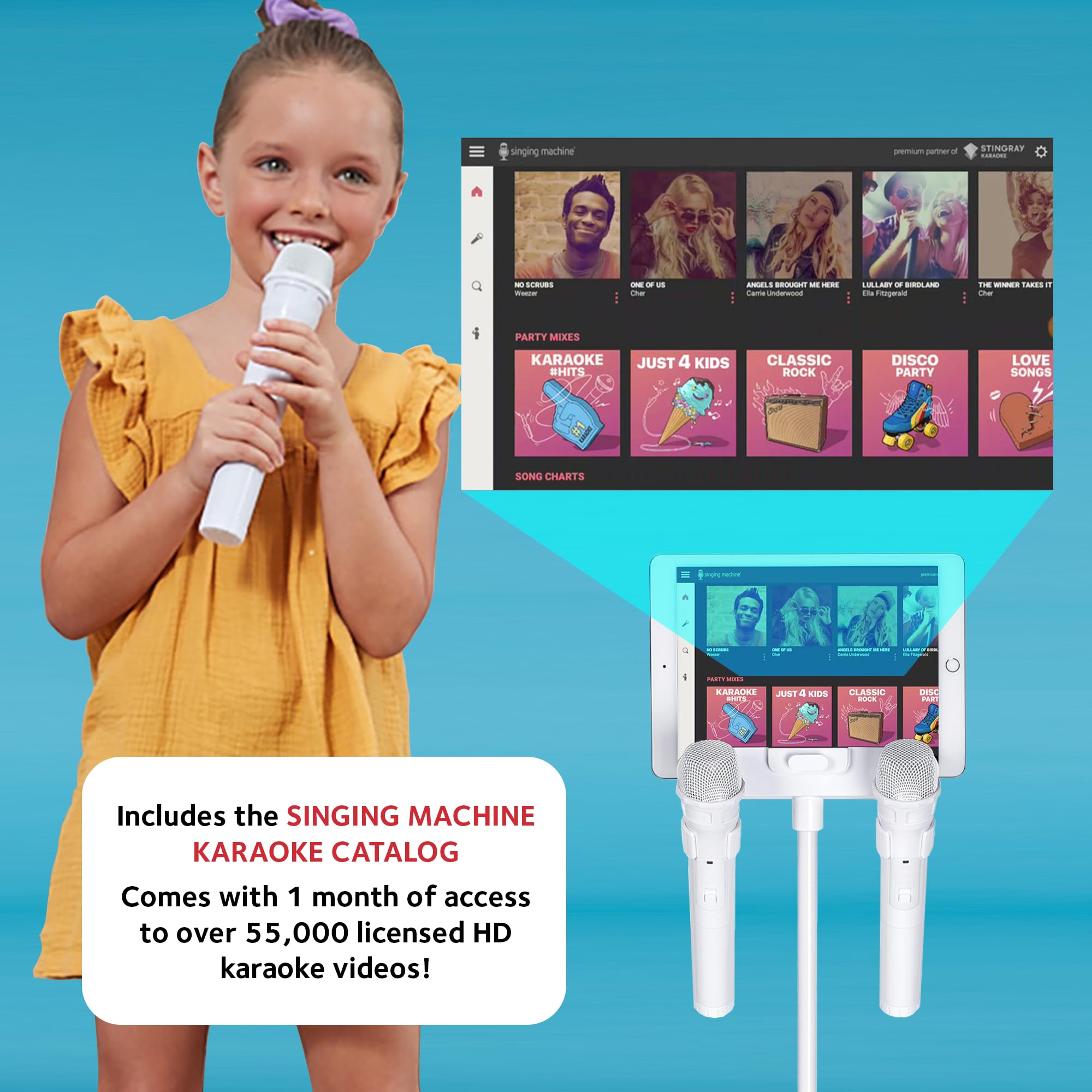 Singing Machine Portable Karaoke System with 2 Wireless Microphones - Bluetooth Home Karaoke Machine for Adults & Kids - Built-in Speaker, LED Lights & Voice Enhancer - Perfect for Parties, Family Gatherings & Home Entertainment (White)