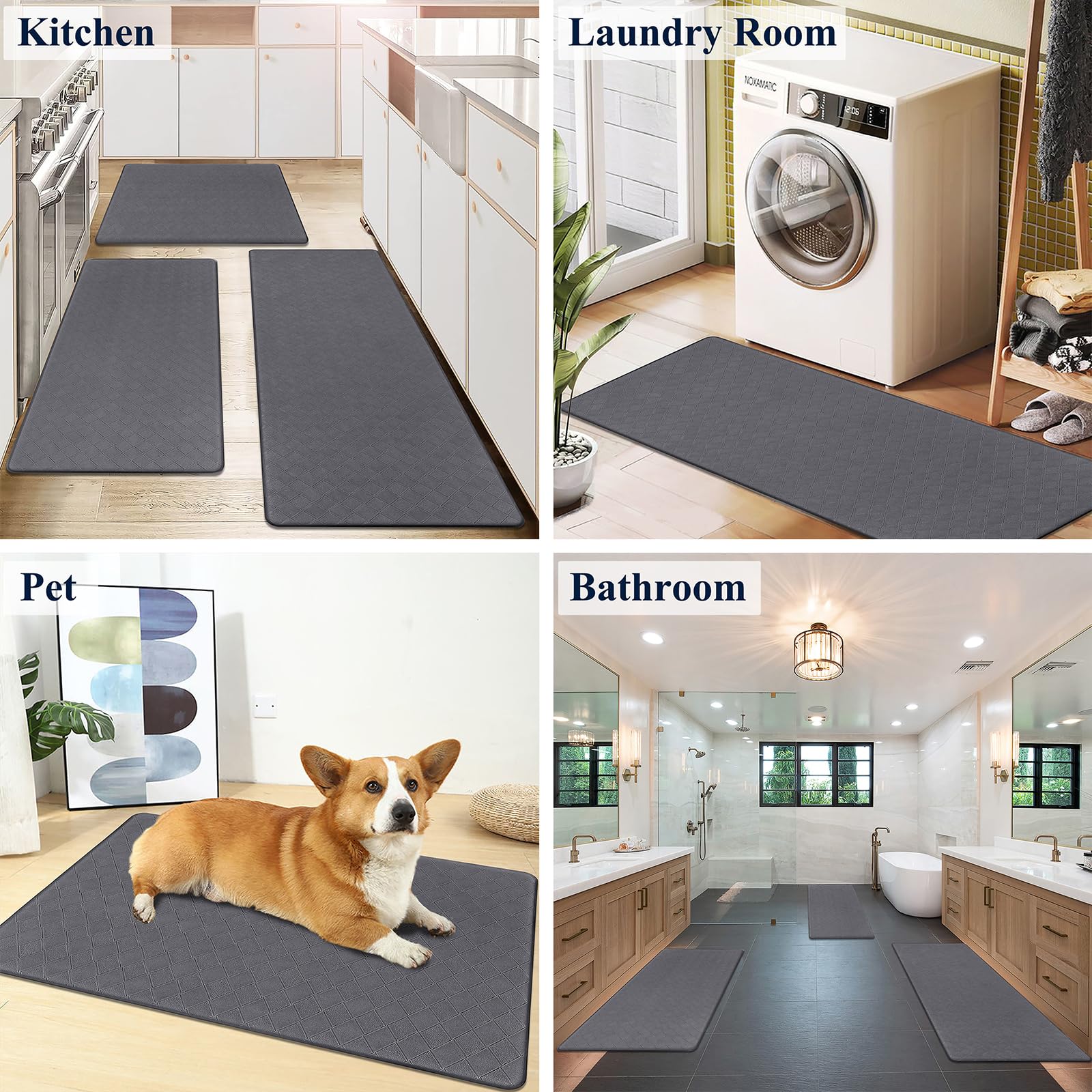Anti-Fatigue Kitchen Mats Set of 3 - Non-Slip, Waterproof for Home & Office Use