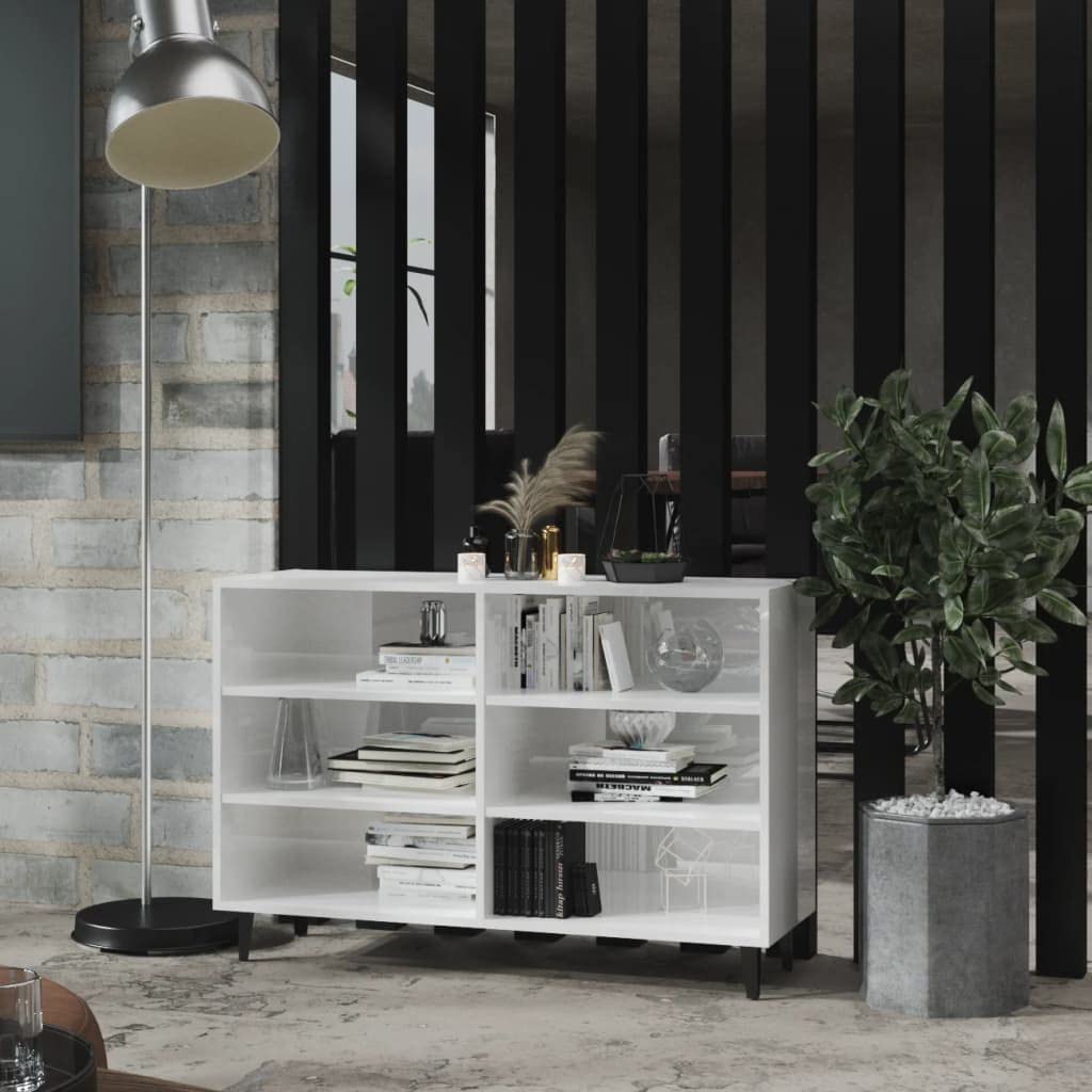 Modern Sideboard Book Cabinet with 6 Shelves - High Gloss White Buffet Storage Table for Entryway, Living Room & Dining Room - Perfect for Home Organization, Displaying Decor & Extra Storage Space