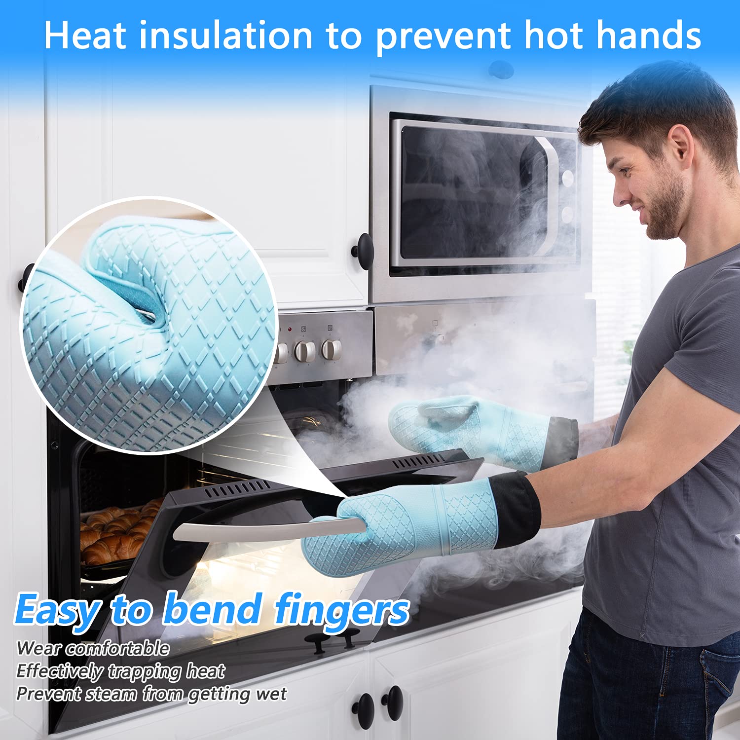 Heat Resistant Silicone Oven Gloves for Cooking, Baking, BBQ & Grilling - Waterproof & Non-Slip Kitchen Mitts for Microwave, Stovetop & Food Handling - Perfect for Hot Pans, Baking Sheets & Outdoor Grilling