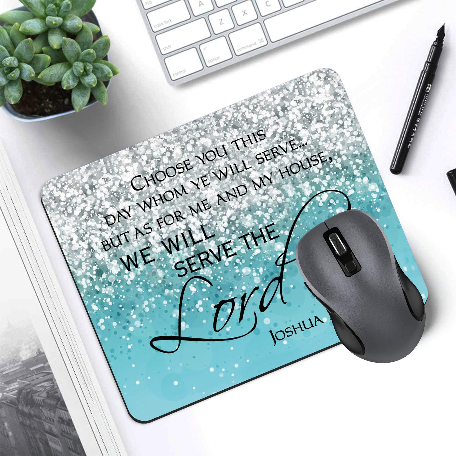Inspiring Christian Bible Verse Joshua 24:15 Blue Glitter Mouse Pad - Non-Slip Rubber Base for Laptop & Computer - Perfect for Office, Gaming & Faith-Based Workspaces