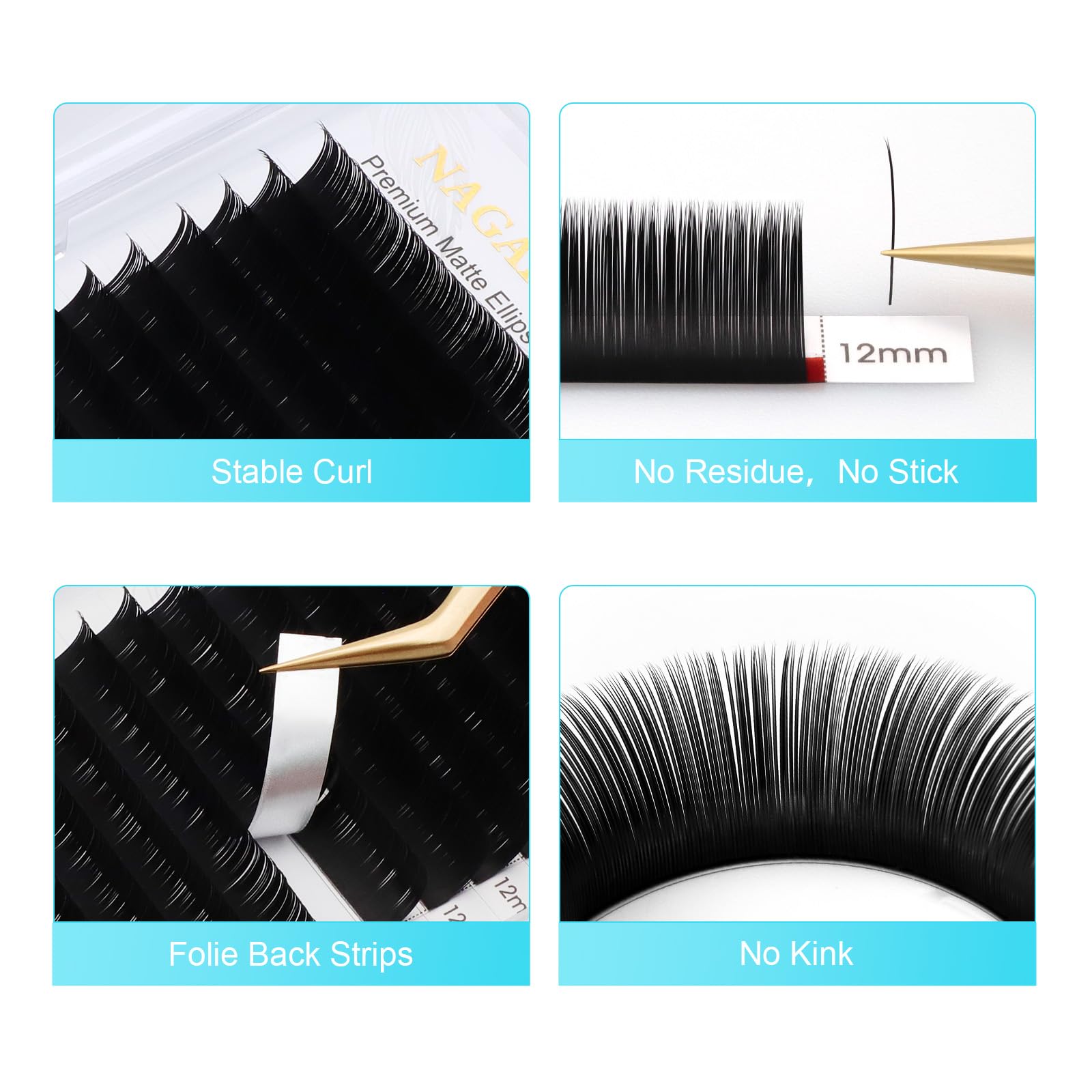 NAGARAKU Ellipse Eyelash Extensions - 0.15mm Flat Split Tips Individual Lashes | D Curl 9mm Matte Black Faux Mink | Professional Classic Lash Supplies for Salon & Home Use