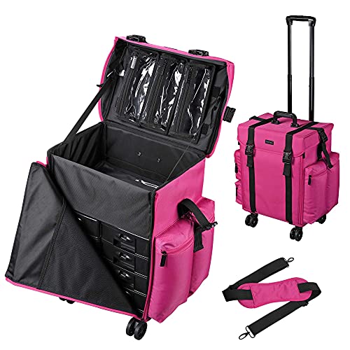BYOOTIQUE 1680D Soft Sided Rolling Makeup Case - Travel Cosmetic Organizer with Removable 360° Wheels & Storage Drawer - Deep Pink | Perfect for Professional Makeup Artists, Travel Beauty Essentials, and Salon Storage Solutions